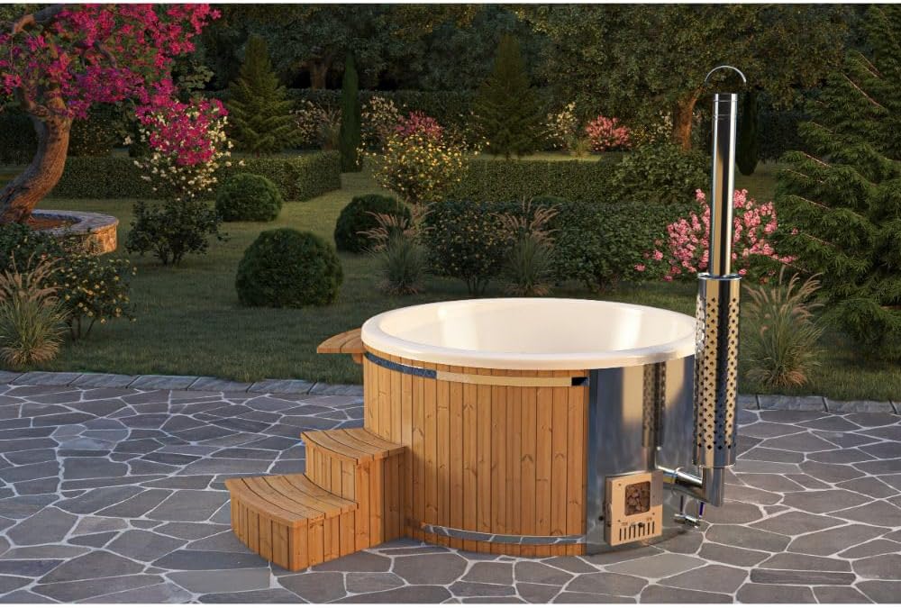 FinnTherm Badewannen mit Sprudelfunktion, 180 cm, 30 kW, Holz/Silber/Weiß, Holz Badefass Stockholm aus Thermoholz