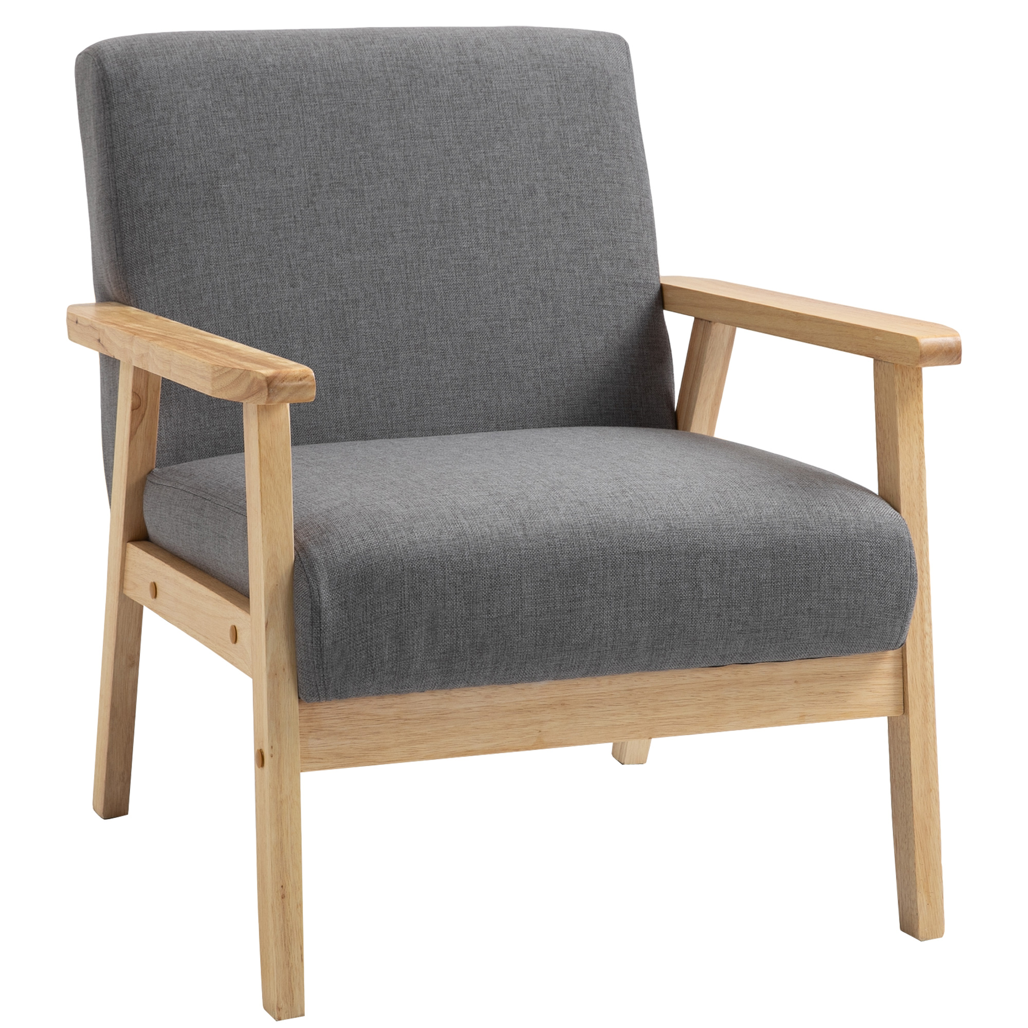 HOMCOM Sessel im Skandi-Design, Akzentsessel, Massivholz, Leinenoptik, 64 cm x 70 cm x 72 cm, Grau + Natur