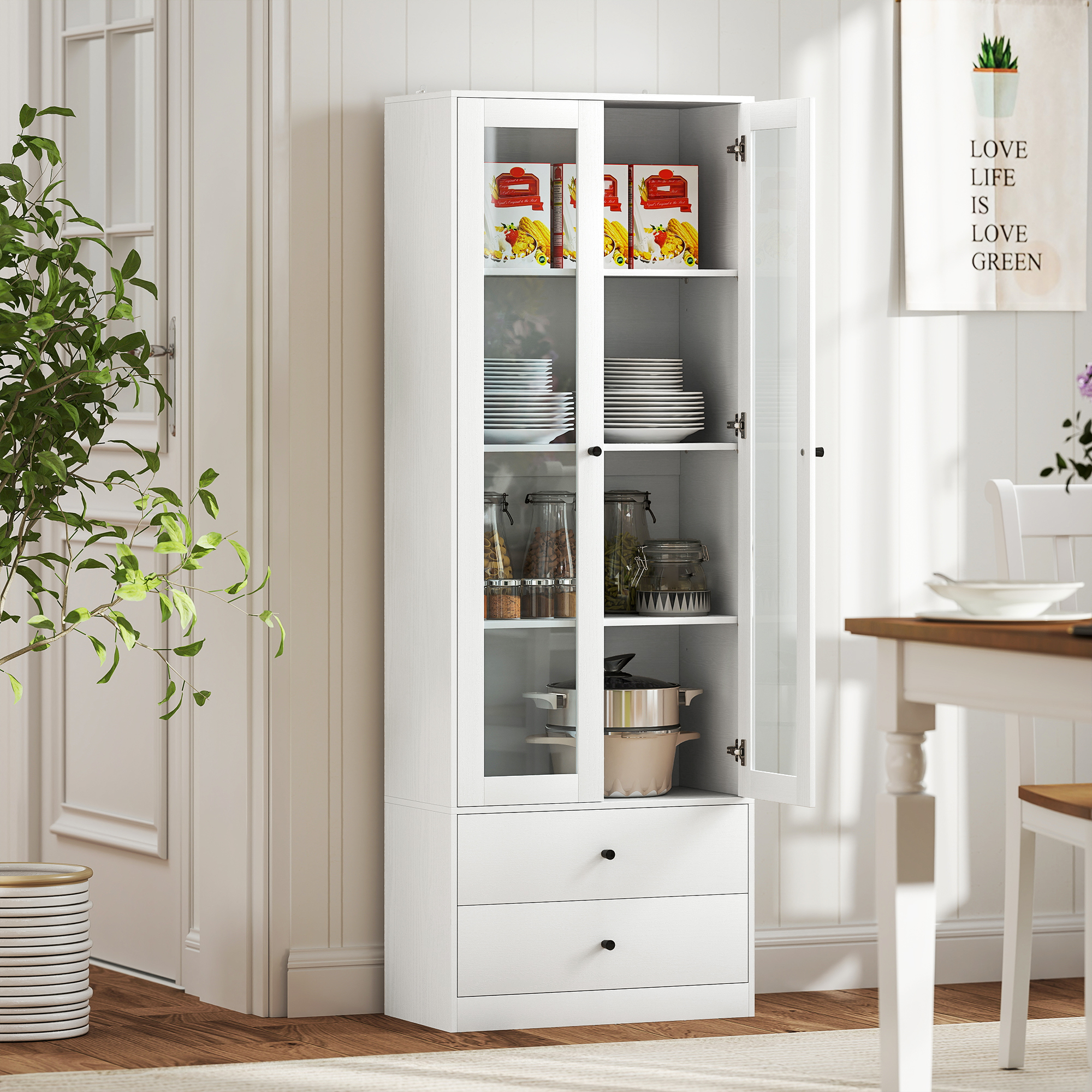 HOMCOM Modernes Aufbewahrungsmöbel mit Glastüren-Schrank, verstellbaren Regalen und 2 Schubladen, 59 x 30 x 164 cm, Weiß
