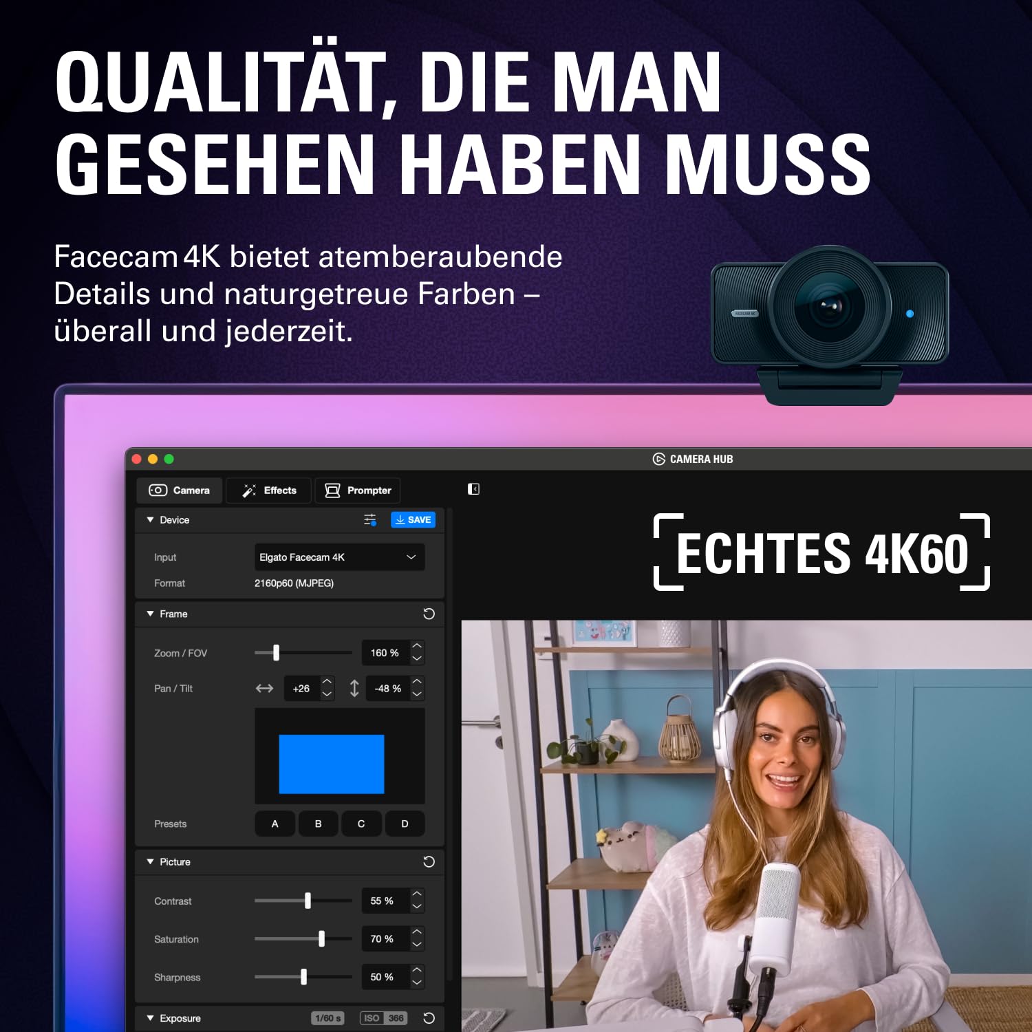 4K-Webcam mit 60 FPS und 49-mm-Objektiv, unkomprimiertes Video, HDR und USB-Anschluss