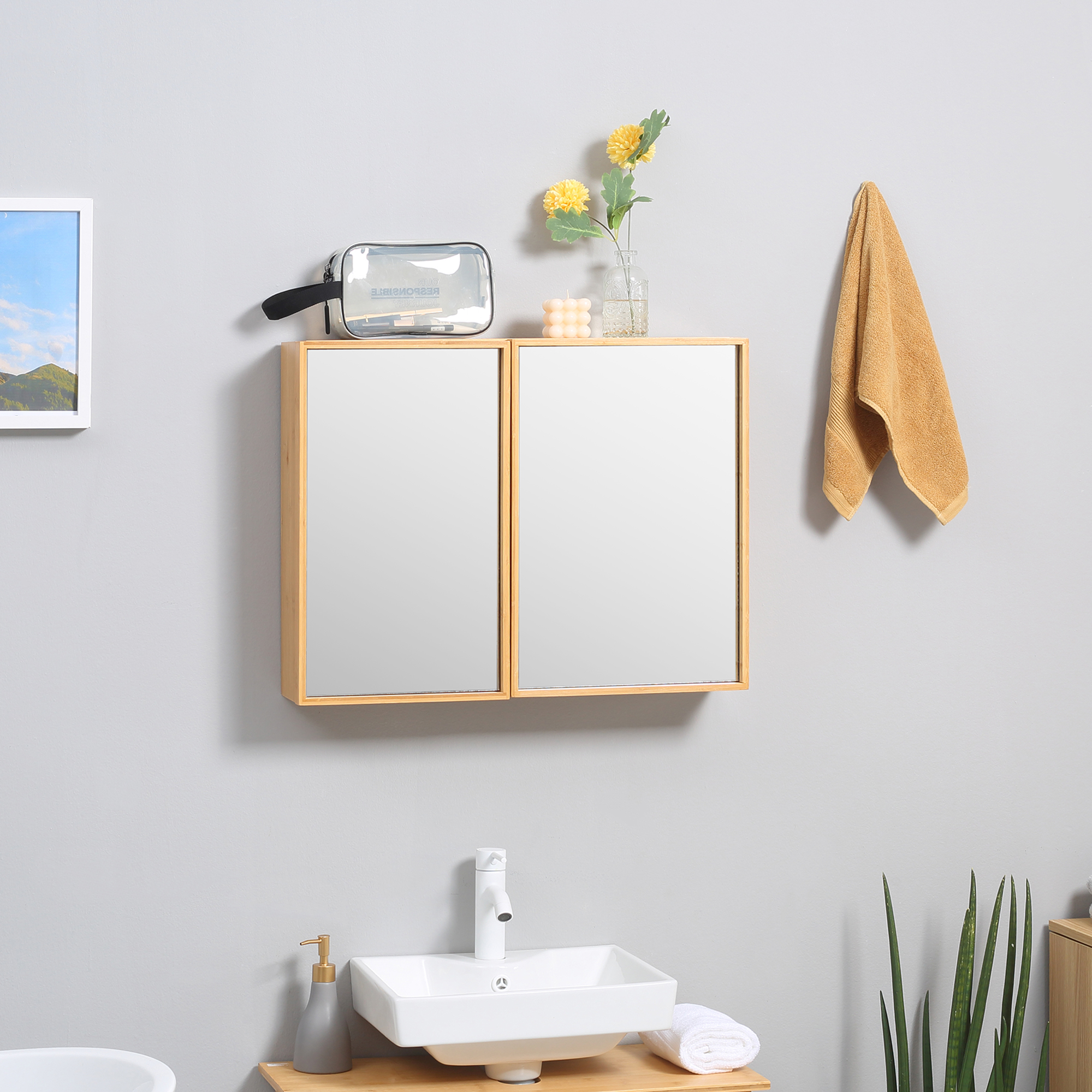 kleankin Badschrank mit Spiegeltüren, mehrere Innenfächer, robustes Gehäuse aus Bambusholz, 65,2 x 14 x 50 cm