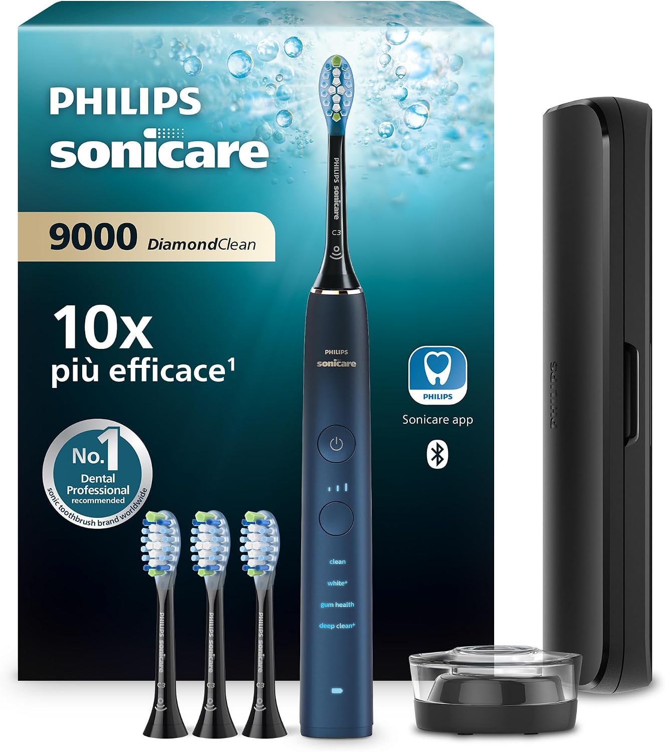Philips Sonicare Spazzolino elettrico DiamondClean serie 9000 edizione speciale: per pulizia dei denti e igiene orale, blu scuro, 4 testine Premium Plaque C3 (modello HX9911/89)