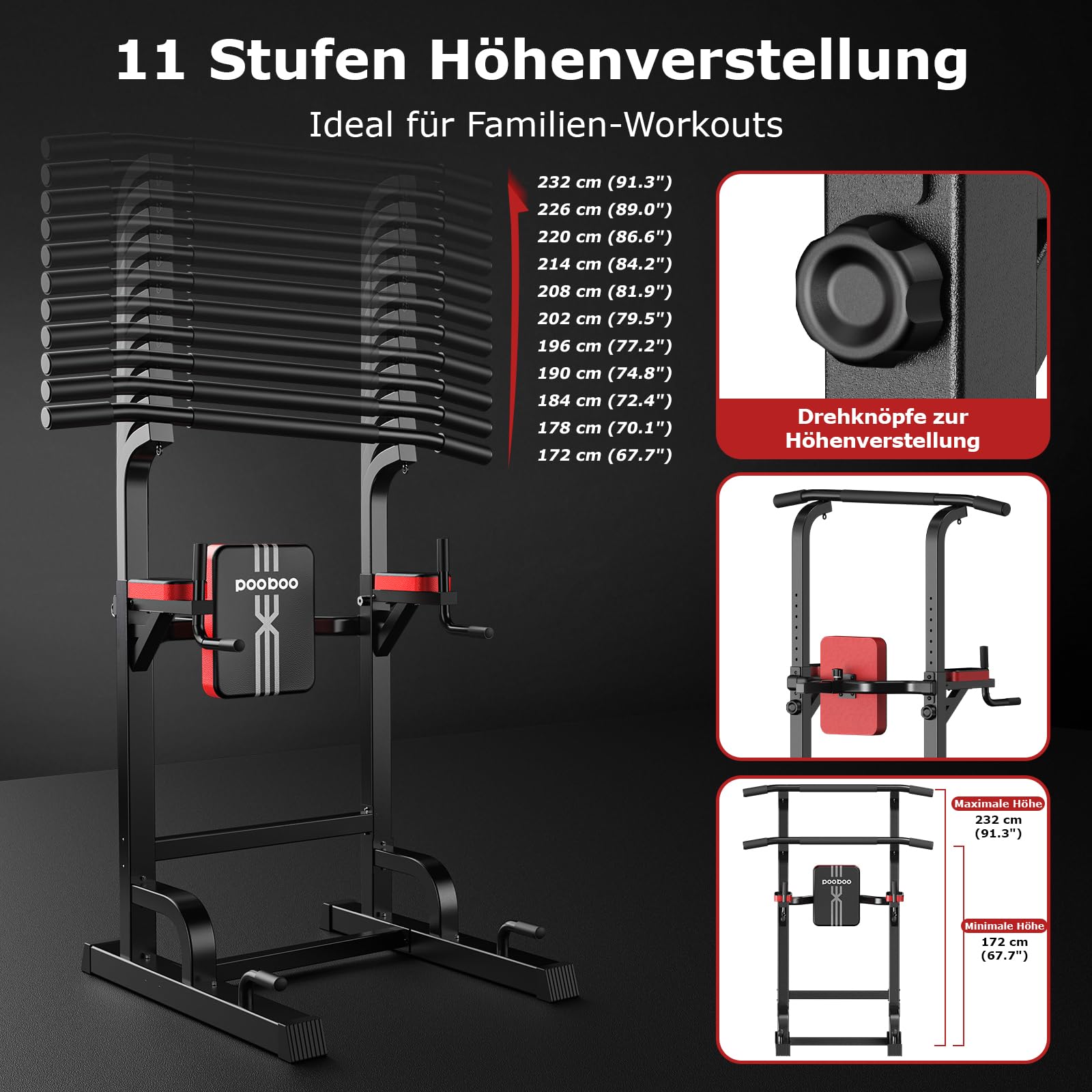 Power Tower Dip-Station mit Klimmzugstange, freistehend, 7-fach höhenverstellbar, bis 200 kg, inkl. Widerstandsband