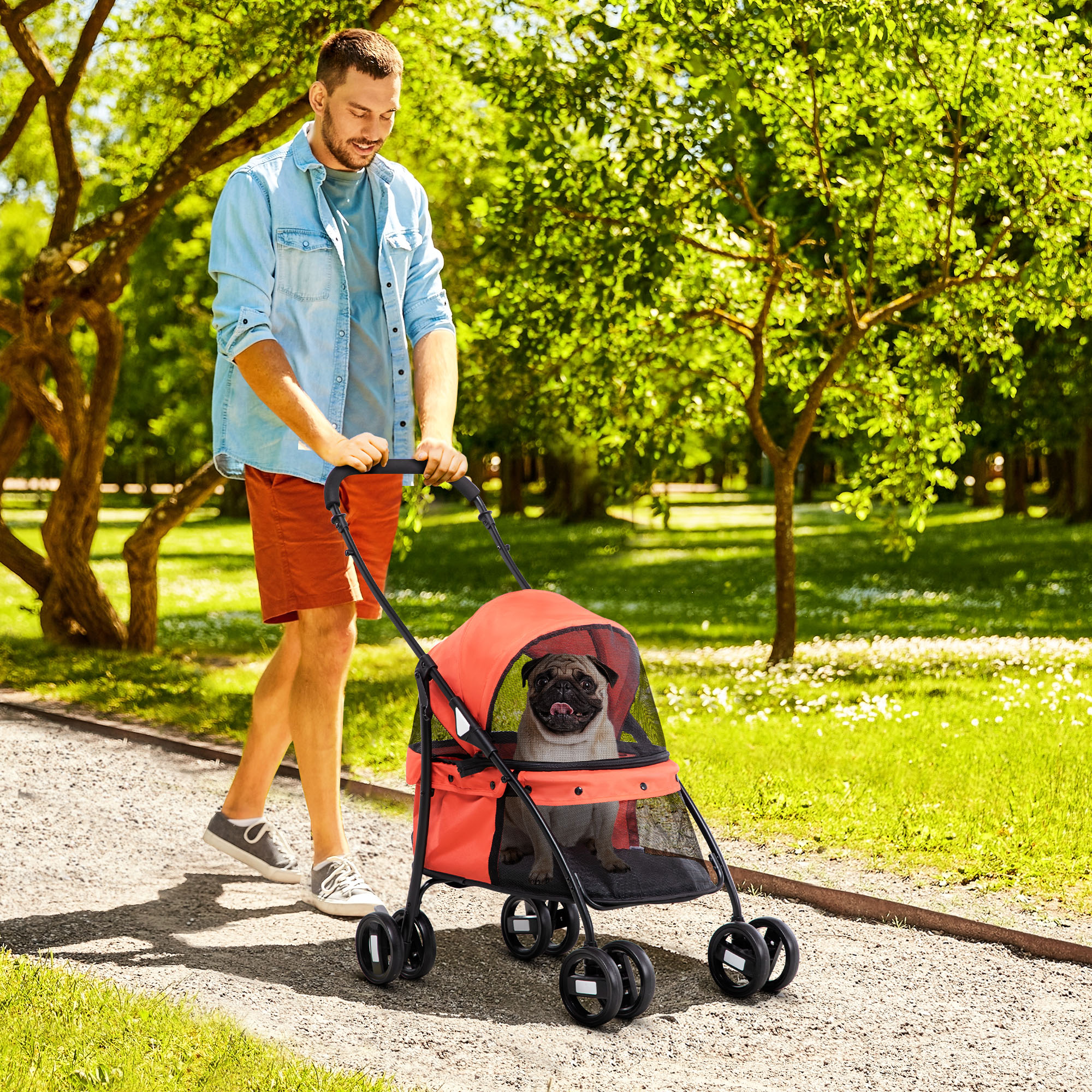 PawHut Haustier-Kinderwagen Faltbar mit Verstellbarem Sonnendach, Tasche und 2 Sicherheitsgurten, 82x47x97 cm, Rot und Schwarz