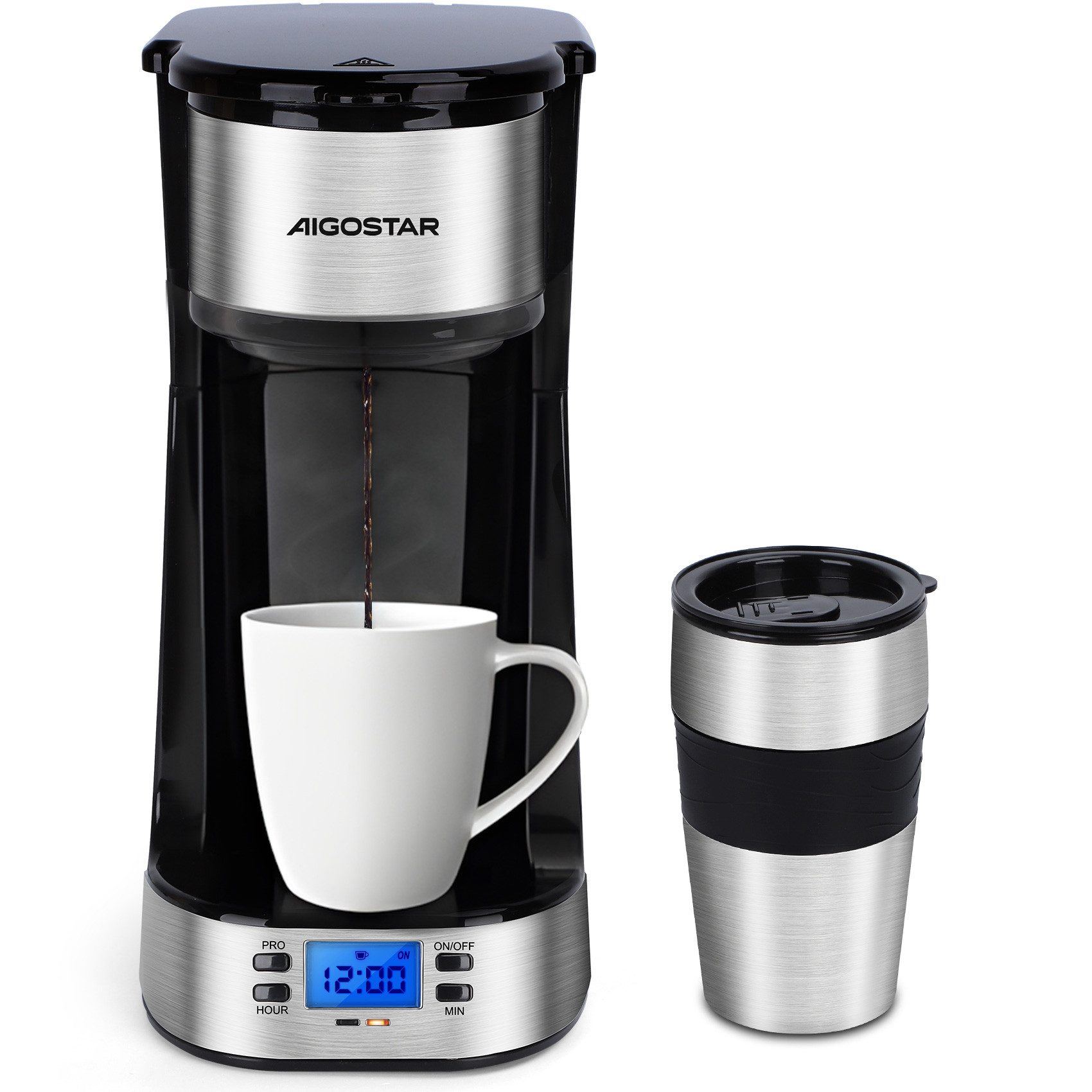 Filterkaffeemaschine mit Thermobecher, 420 ml, 750W, AutoClean-Funktion, 24H Timer, Edelstahl