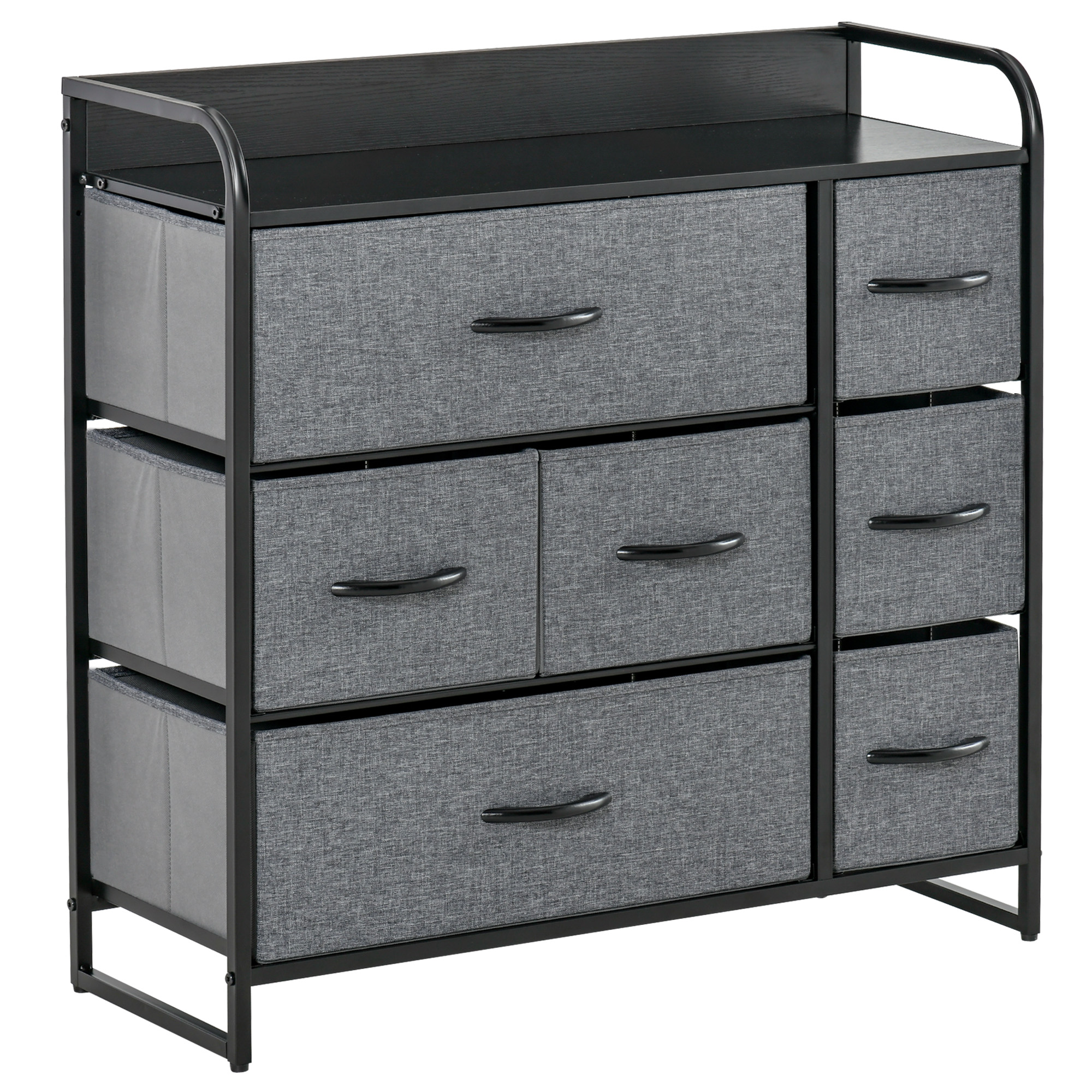 HOMCOM Kommode 7 Schubladen Aufbewahrungsmöbel Stoffschubladen Faltbarer - schwarzes Stahlgestell - 80L x 29B x 78,5H cm, Schwarz und Grau