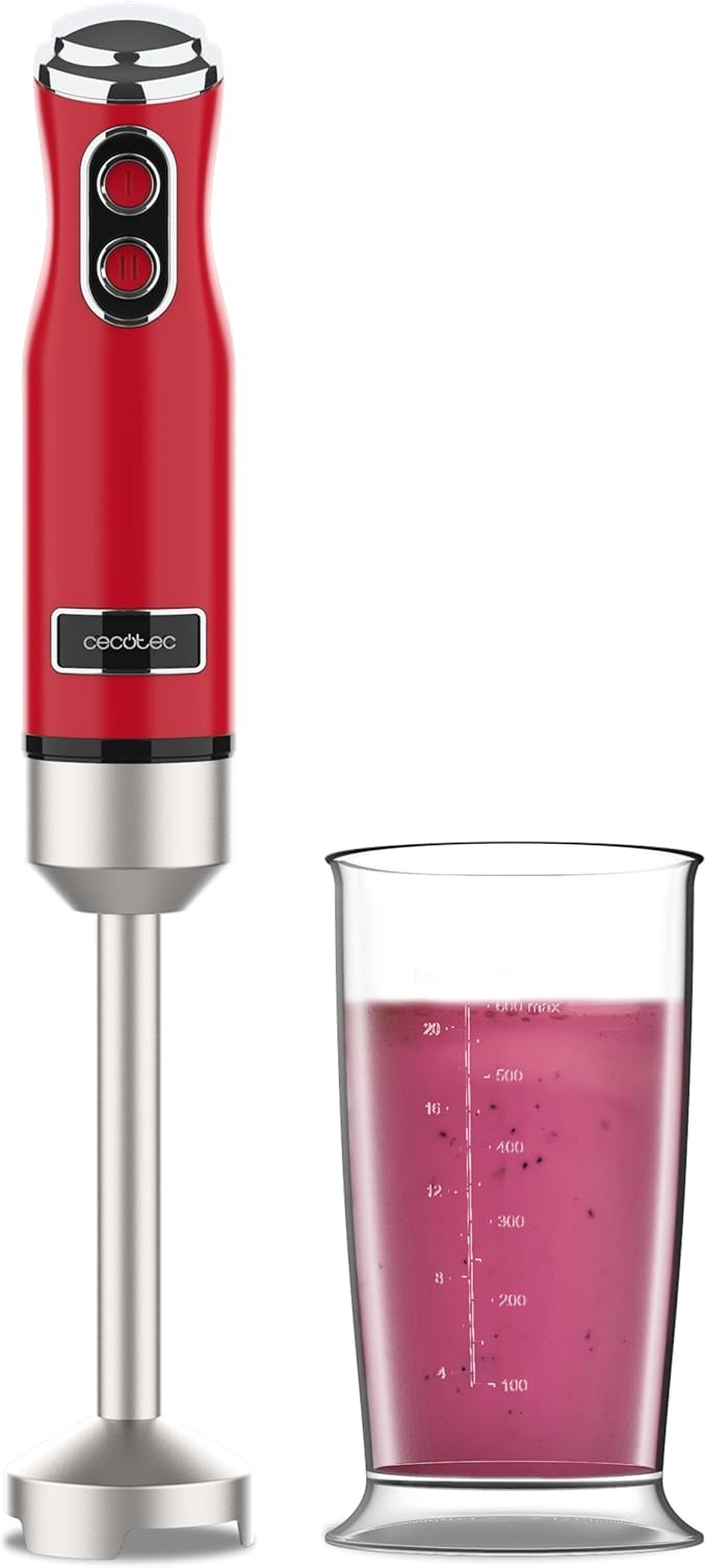 Cecotec Frullatore a Immersione Retro Power RetroRed 1200MAX. 1200W di Potenza, Lama a 4 Lame con Rivestimento in Titanio Nero, 2 Velocità, Bicchiere da 0,5L, Design Vintage