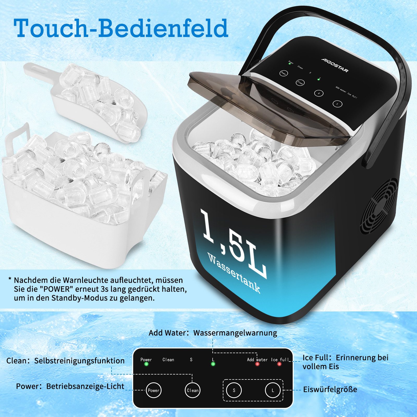 Eiswürfelmaschine 1,5L, 130W Doppeldeckel-Design Eiswürfel Maschine, Selbstreinigend