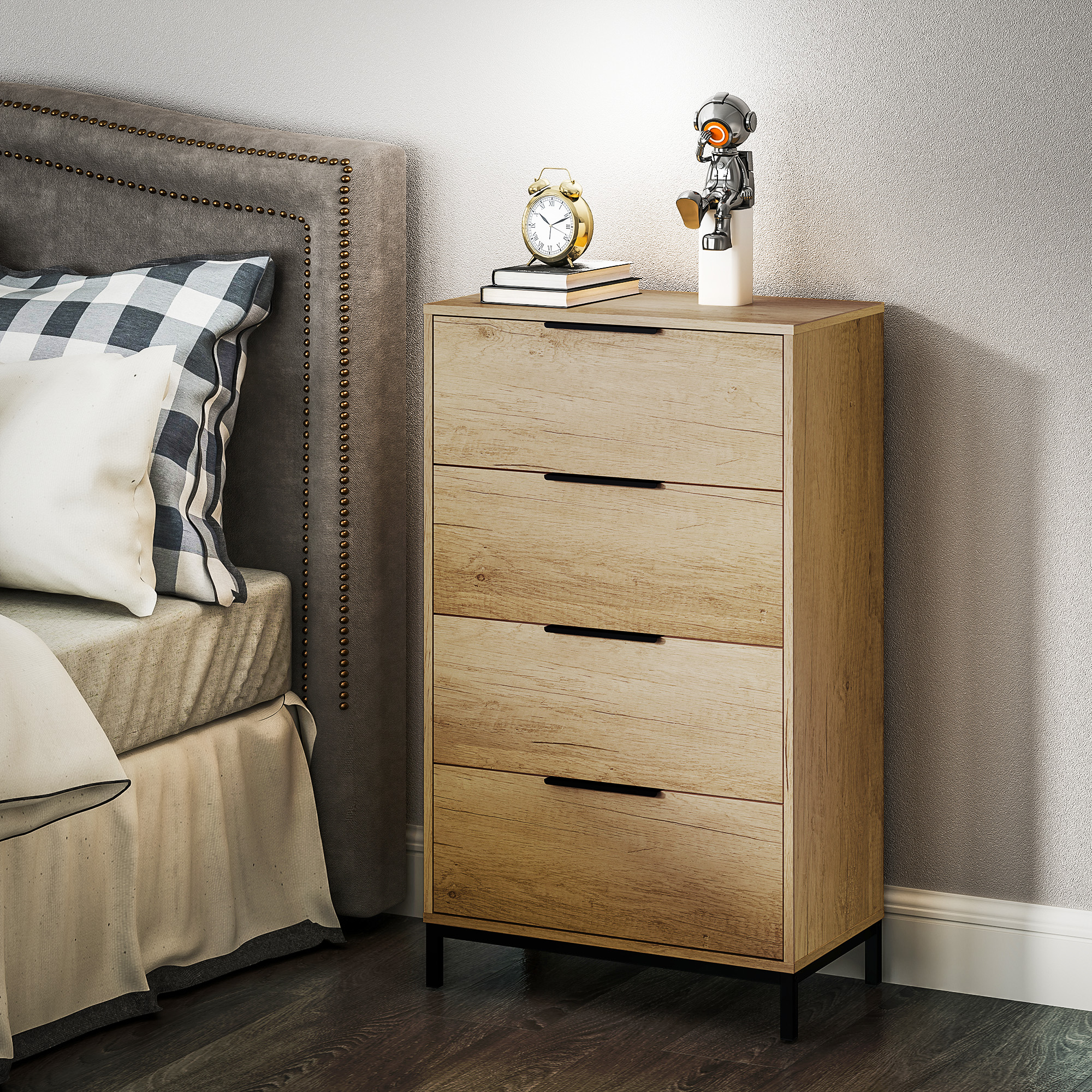 HOMCOM 4-Schubladenkommode mit Kippschutz und schwarzen Griffen, aus Holz und Metall, 62x35x105 cm, Hellbraun