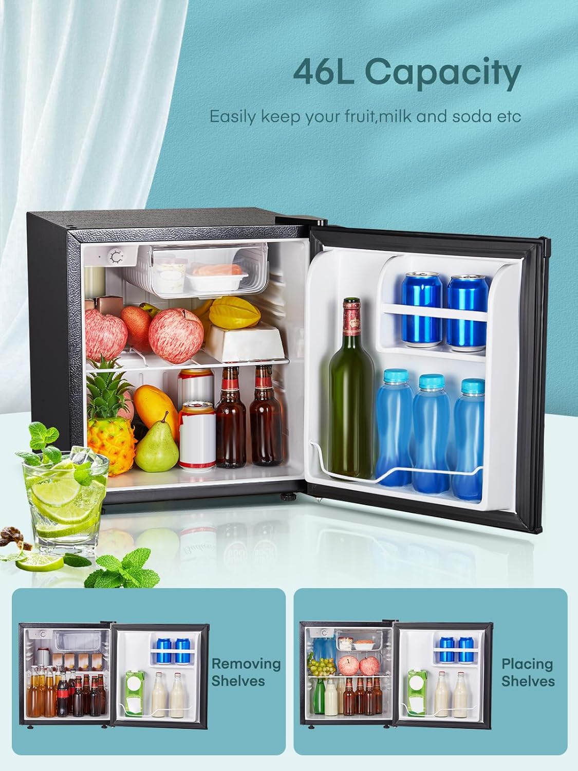 FOHERE Mini Kühlschrank 46L mit Eisfach | Kühlschrank Klein | Temperaturregelung, Energiesparend, Leise | Getränkekühlschrank Ideal für Büro, Camping und Gaming |Wechselbarer Türanschlag | Schwarz