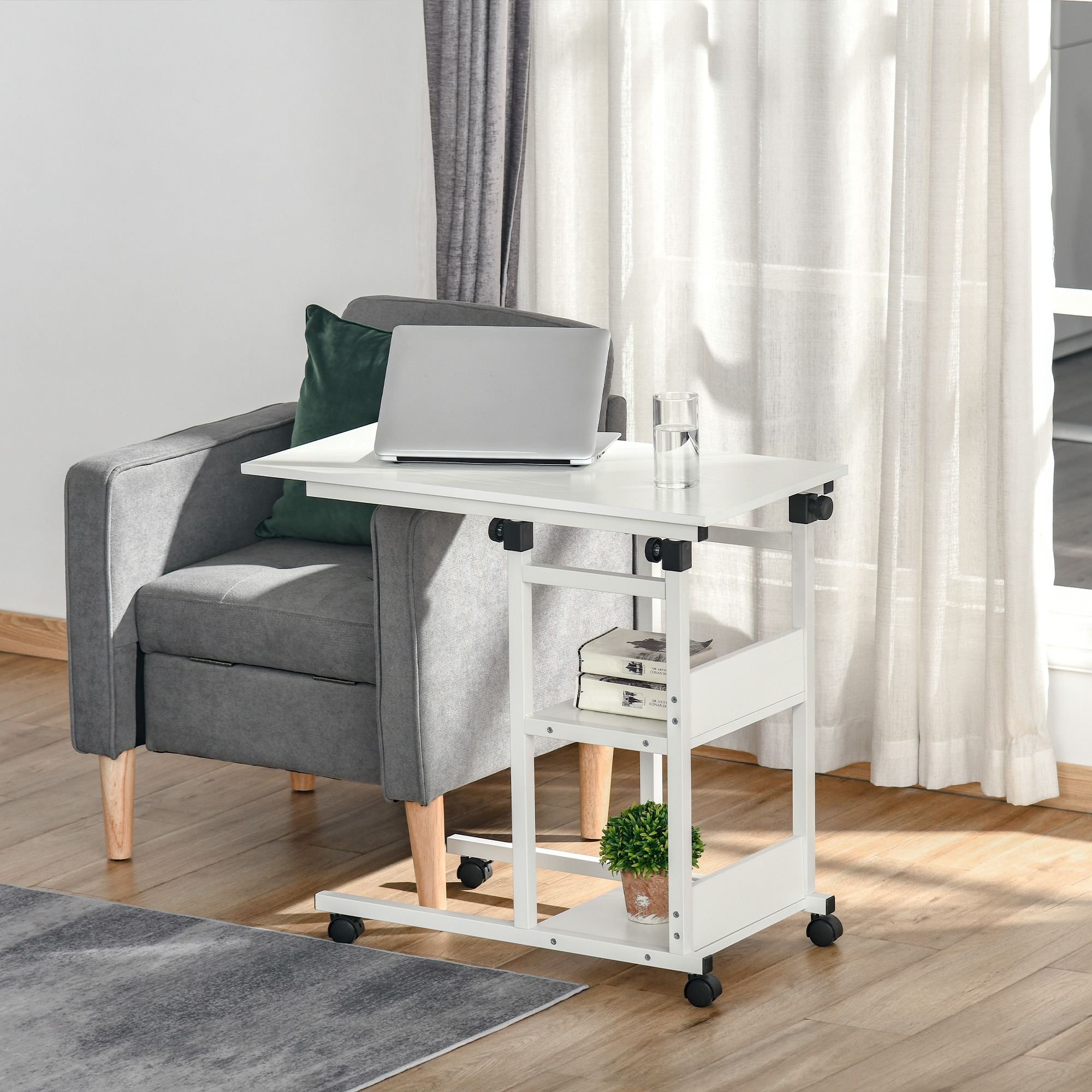 HOMCOM Beistelltisch mit Rollen, höhenverstellbar, kompakt, 2 Ablageböden, Metallrahmen, 80x40x72-82 cm, Weiß