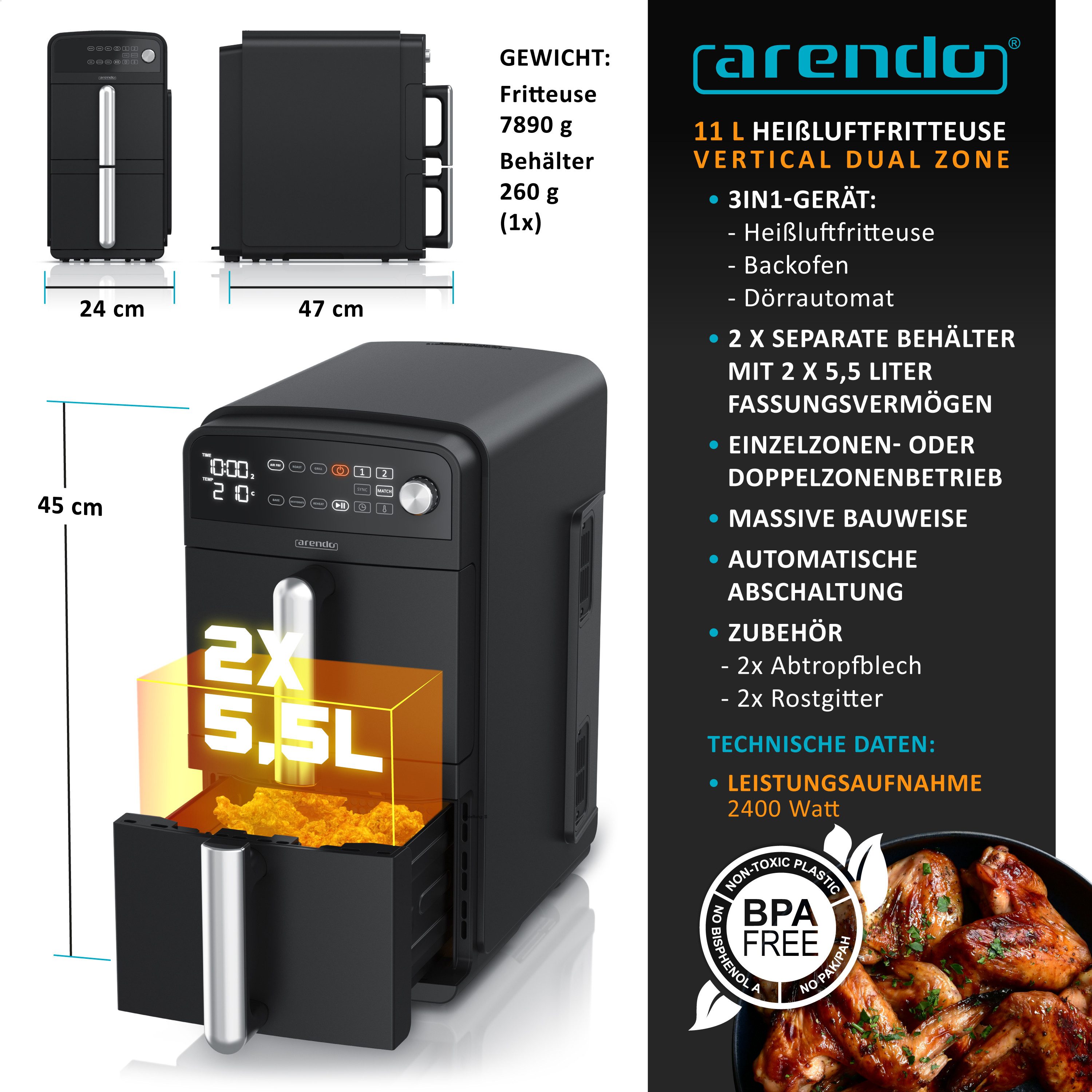 Heißluftfritteuse mit 2 Kammern Übereinander, XXL Doppelkammer Airfryer 11L, Dual Zone