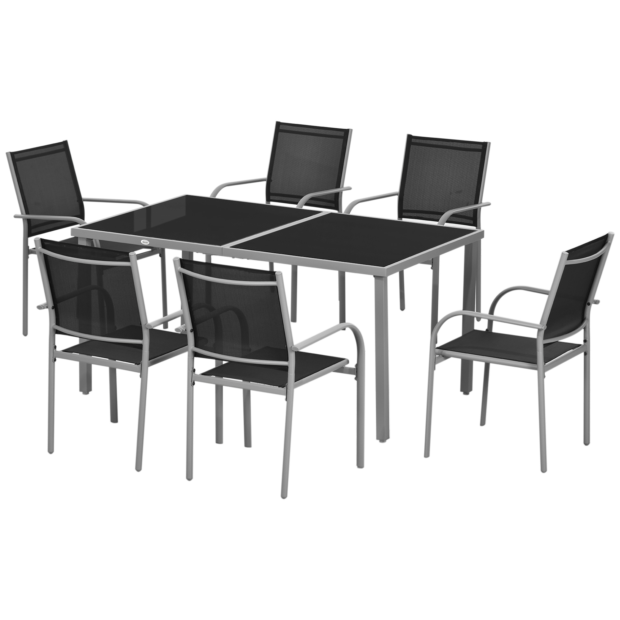 Outsunny Gartenmöbel-Set 6 Stühle + 1 Tisch aus Stahl Gartenmöbel-Set 7-teilig stapelbare Stühle Tischplatte aus gehärtetem Glas schwarz