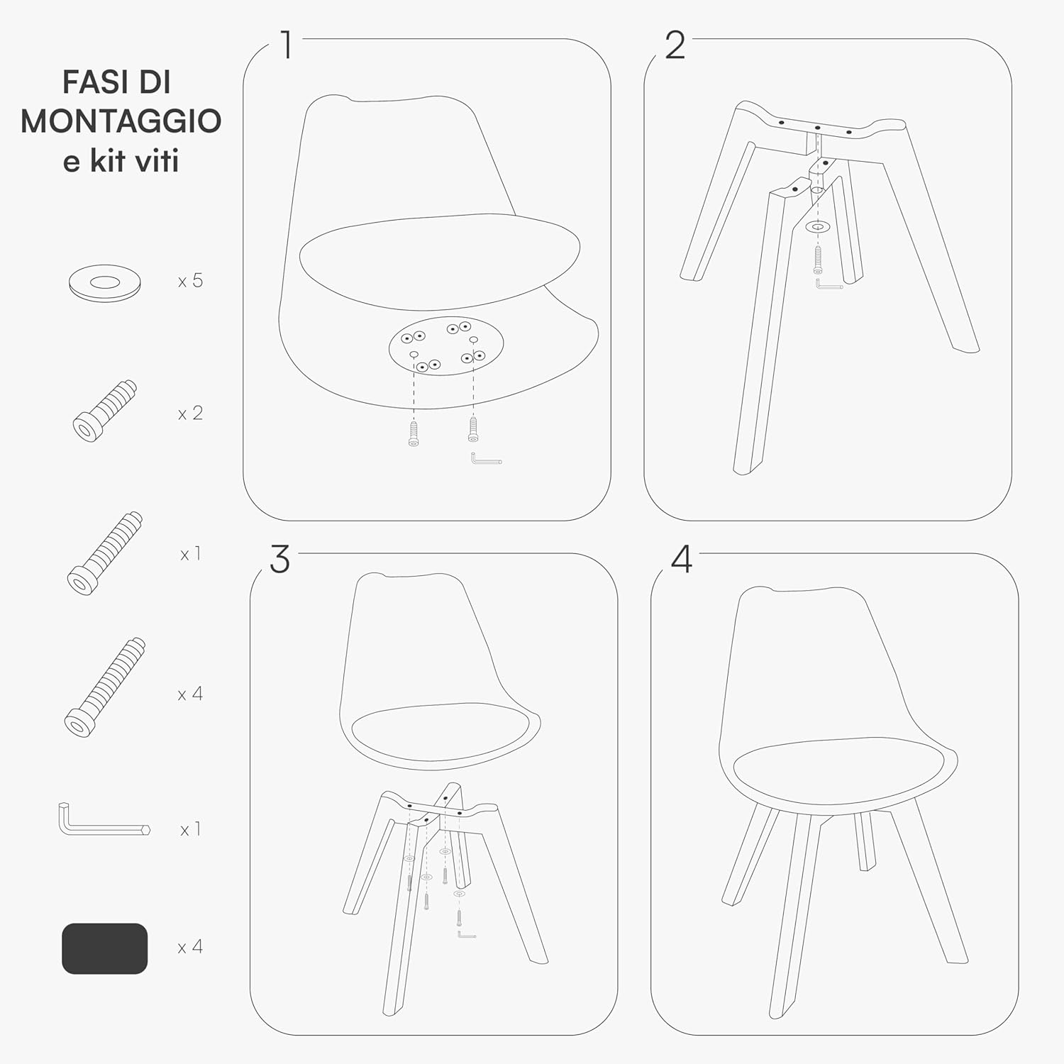 Baroni Home Set di 4 Sedie da Pranzo o Ufficio con Gambe in Legno, Sedia Ergonomica con Cuscino Integrato 57X48X79 cm Bianco
