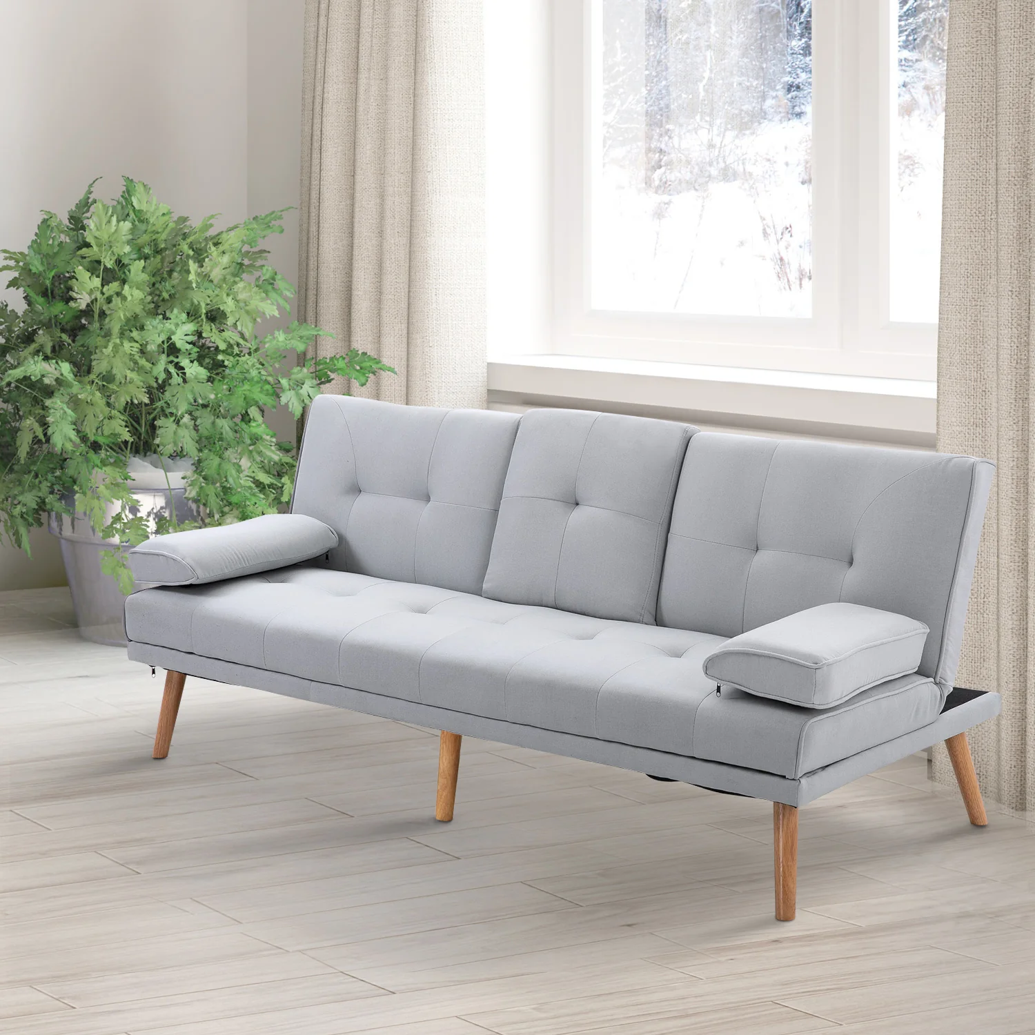 HOMCOM Schlafsofa 3-Sitzer mit verstellbarer Rückenlehne & Tisch hellgrau