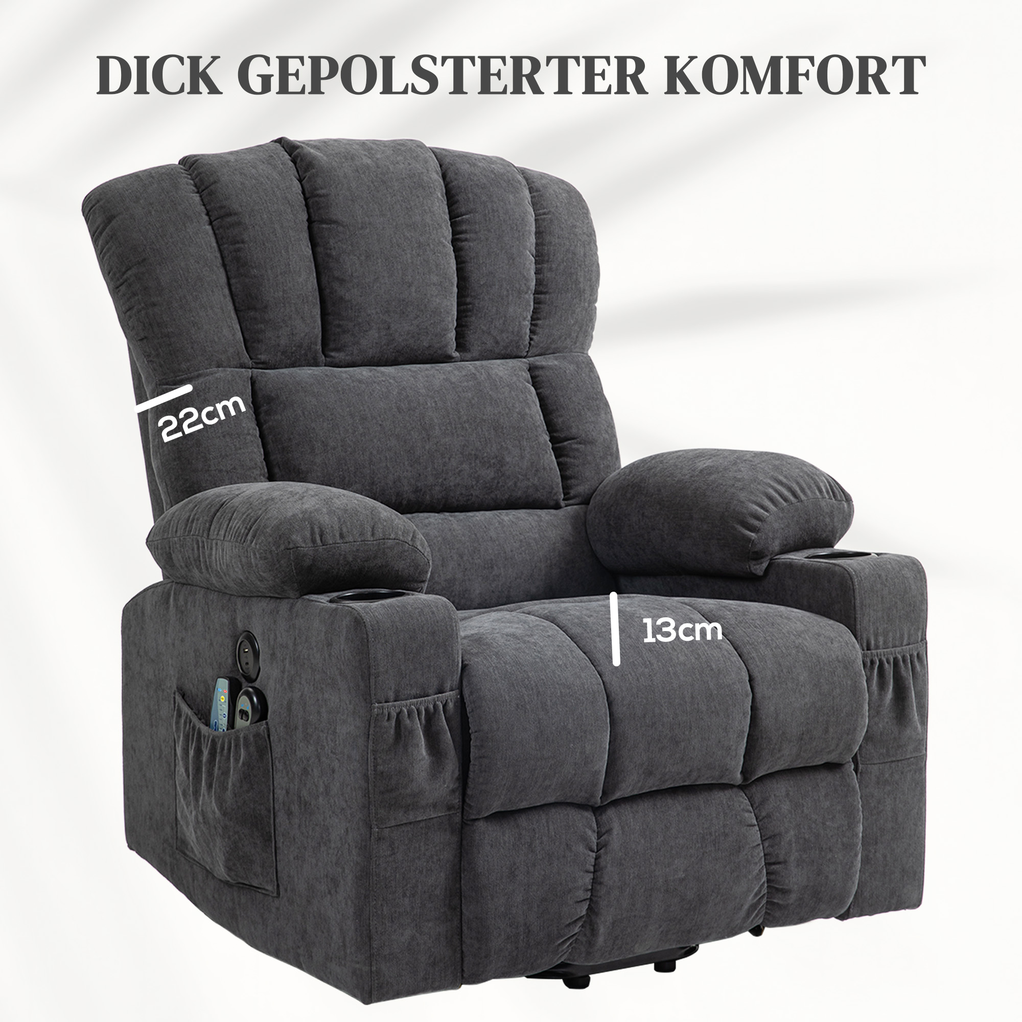 Elektrische Power Lift Sta-op-Stoel met Massage- en Verwarmingsfunctie, USB-Aansluitingen, Bekerhouders, Donkergrijs