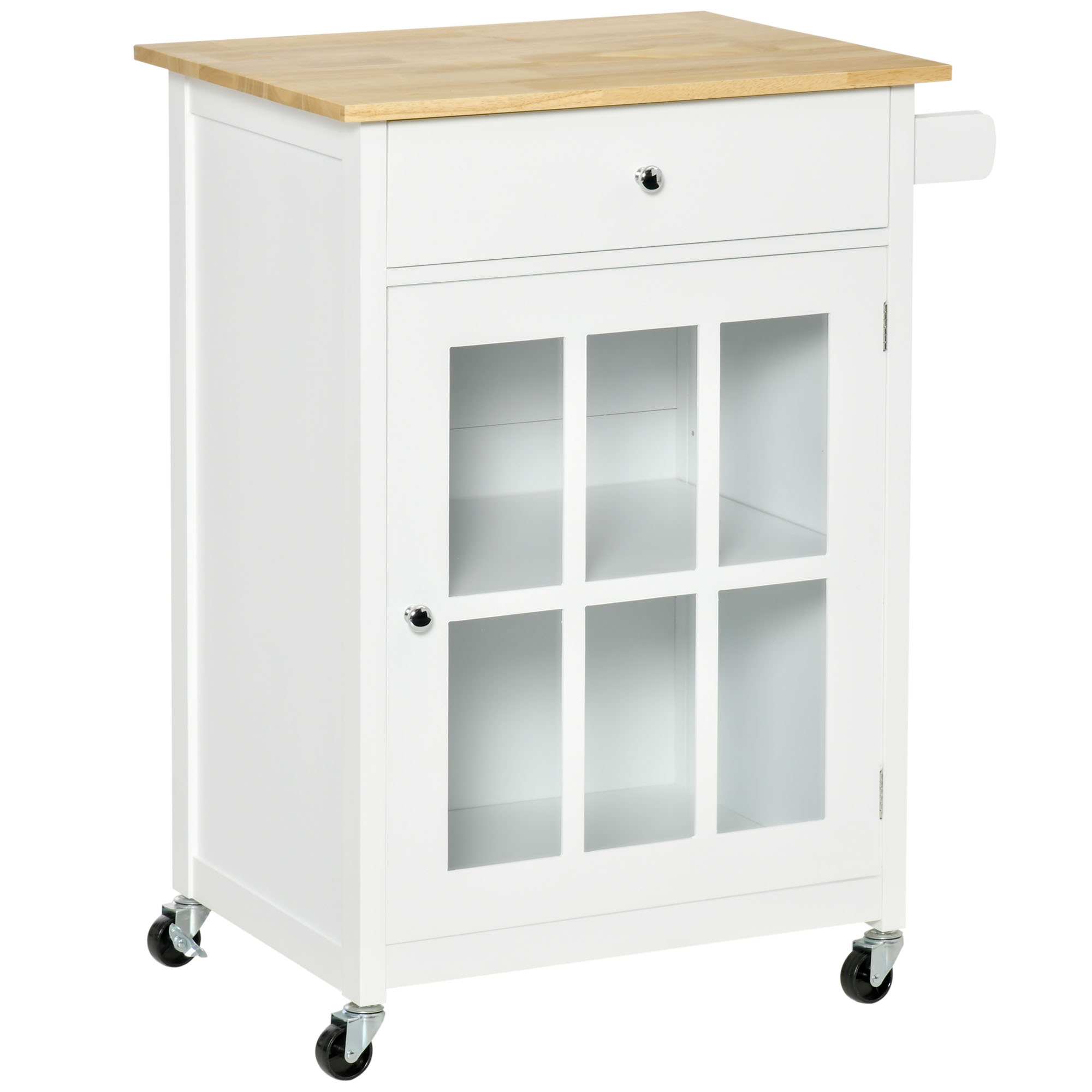 HOMCOM Küchenwagen Küchenrollwagen Servierwagen mit Räder Schublade Weinablage MDF Gummiholz Weiß+Eiche 67 x 48 x 86,5 cm