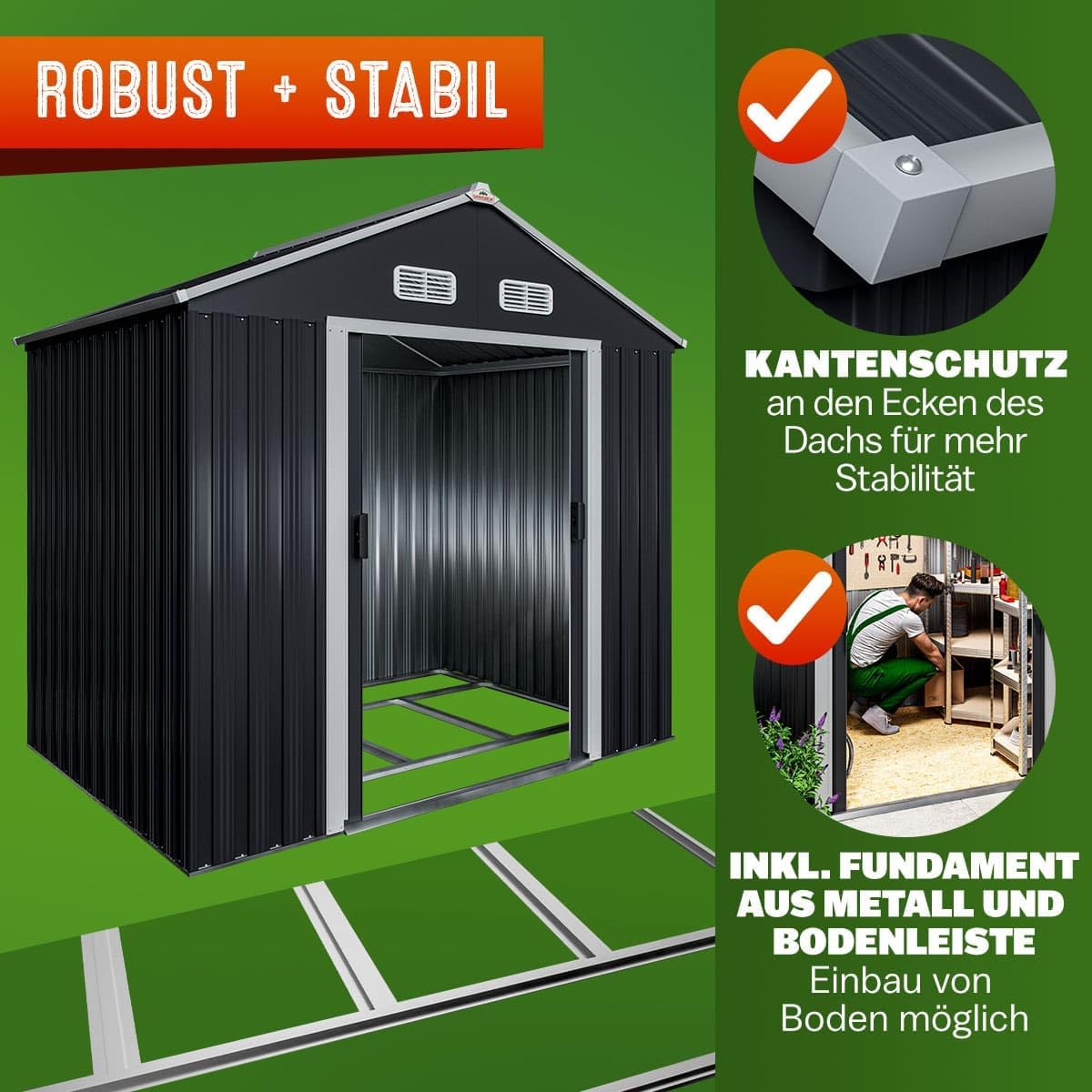 GARDEBRUK® XL Metall Gerätehaus 2m² mit Fundament 196x132x188cm Schiebetür Anthrazit Geräteschuppen Gartenhaus Schrank 4m³