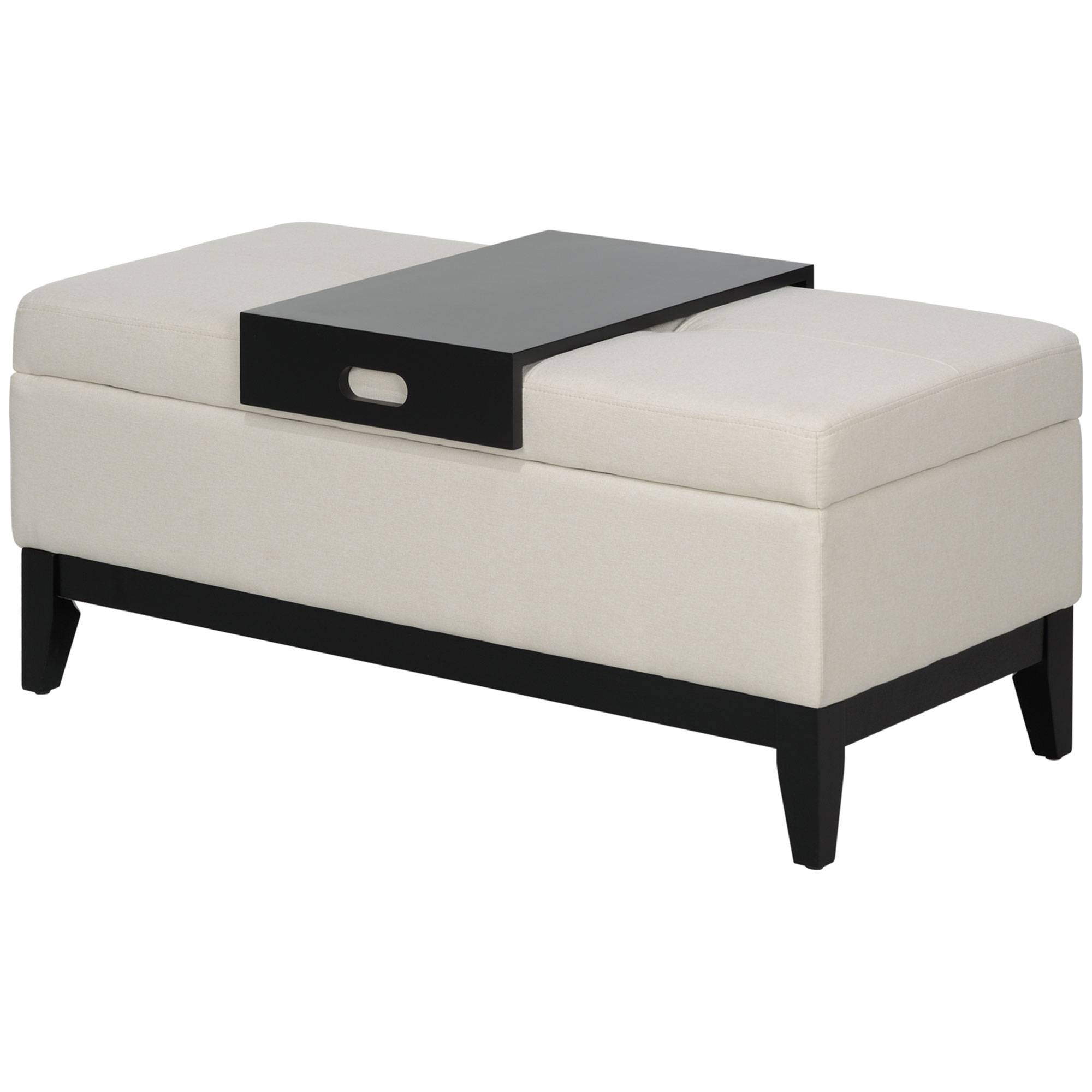 HOMCOM Hocker mit Stauraum, Tablett, Eukalyptusholzrahmen, bis 120 kg, 107 x 50 x 44 cm, Cremeweiß/Schwarz