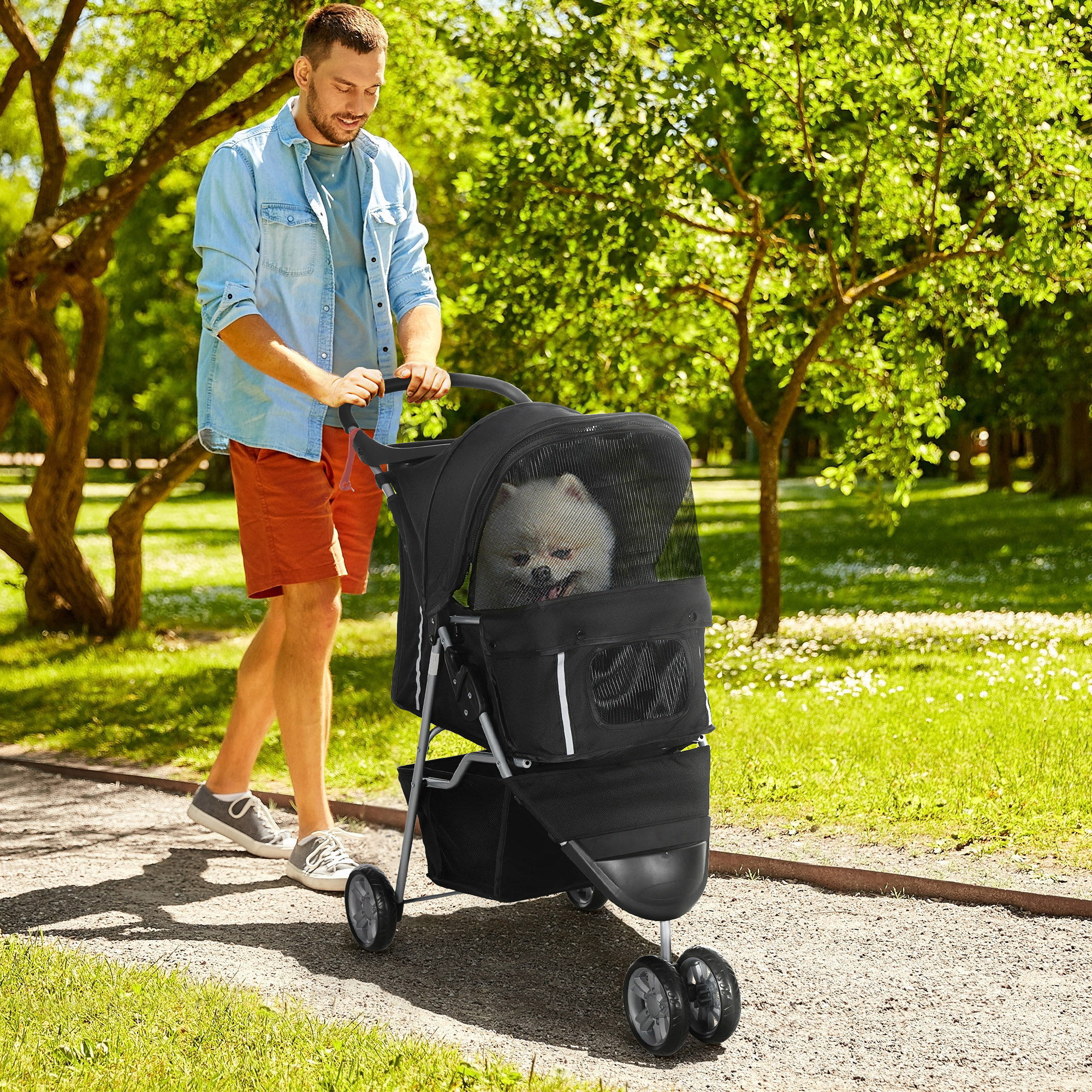 PawHut Hundekinderwagen für kleine Hunde, faltbar mit schwenkbaren Rädern und Bremse, 75x45x97 cm, Schwarz
