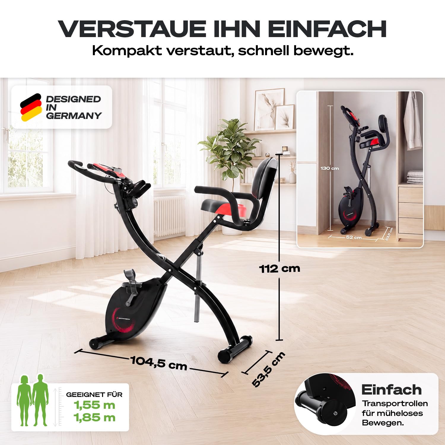 3-in-1 Heimtrainer Fahrrad klappbar mit tiefem Einstieg, X150, bis 150 kg, magnetischer Widerstand, LCD-Display