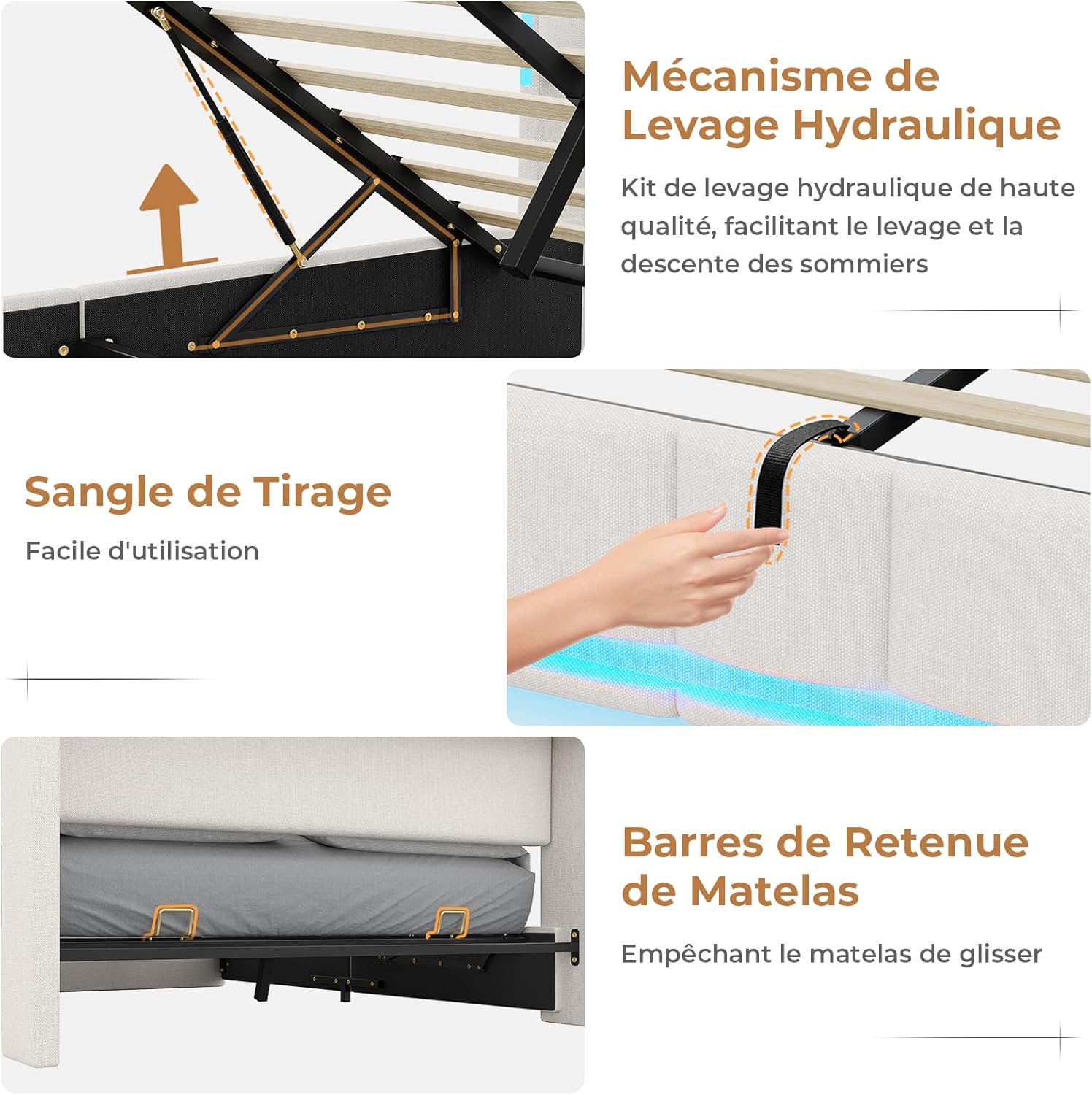 AOGLLATI Polsterbett 140×200 mit Steckdosen & LED Beleuchtung, Doppelbett mit Stauraum Kopfteil & Hydraulischem Stauraum, Bettgestell mit Lattenrost, Jugendbett 140×200, Linen, Ohne Matratze, Beige