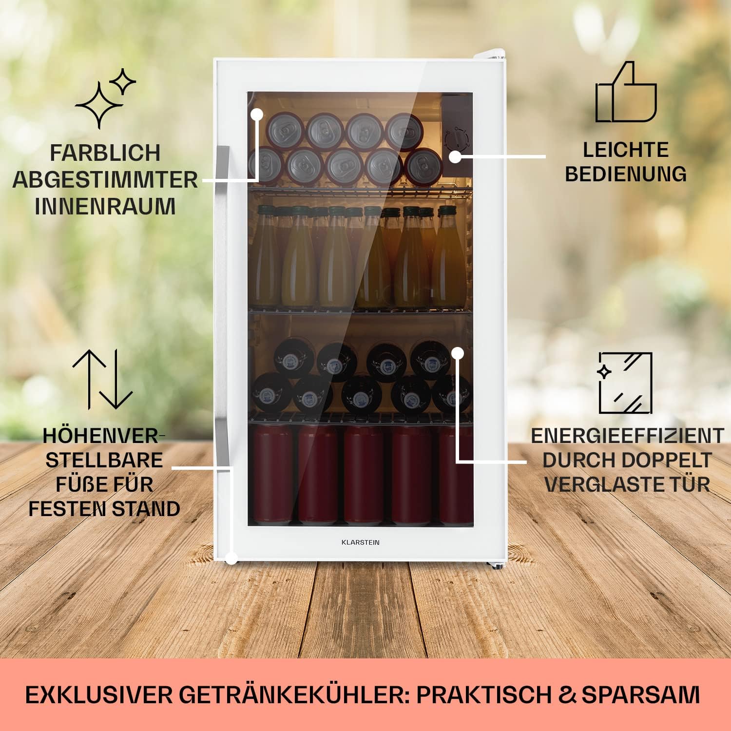 Klarstein Mini Koelkast met Glazen Deur voor Kamer, Drankenkoelkast met Verstelbare Planken, Klein 80 Liter, Indoor/Outdoor Koelkast Stil