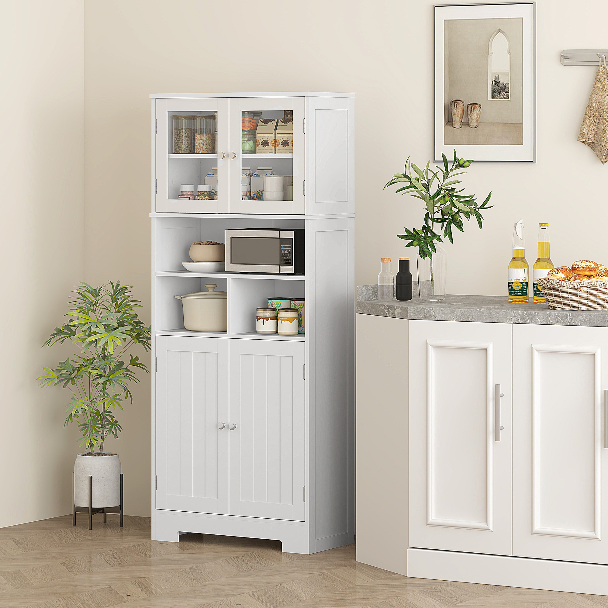 HOMCOM Küchenschrank mit 2 Schränken und 3 offenen Fächern, Glastüren und verstellbaren Regalen, 60x30x145.5 cm, Weiß