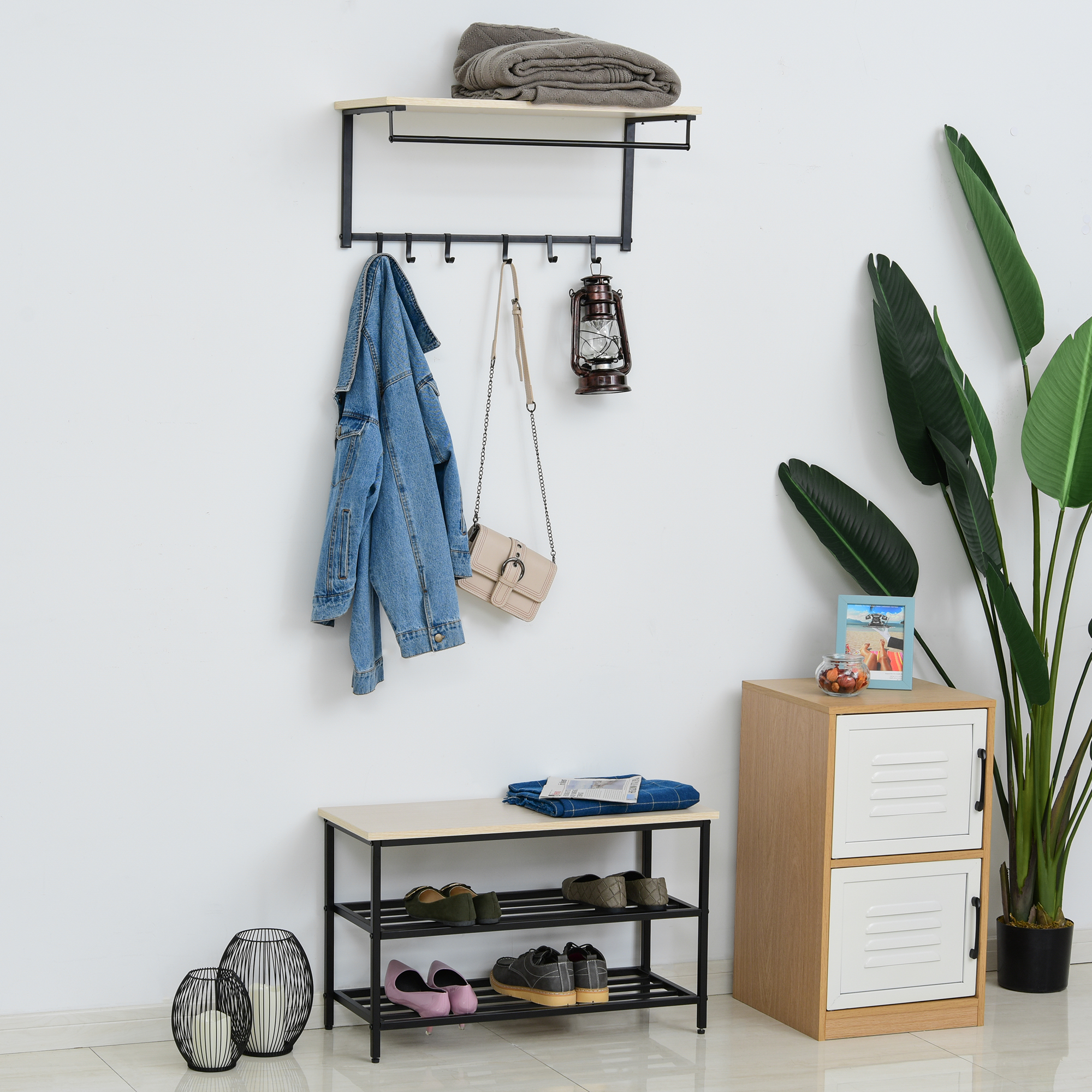 HOMCOM 2-in-1 Garderobenset Flurgaderobe mit Sitzbank Wandgarderobe für Eingangsbereich, 6 Haken, Natur+Schwarz, 75 x 30 x 45 cm(Sitzbank)