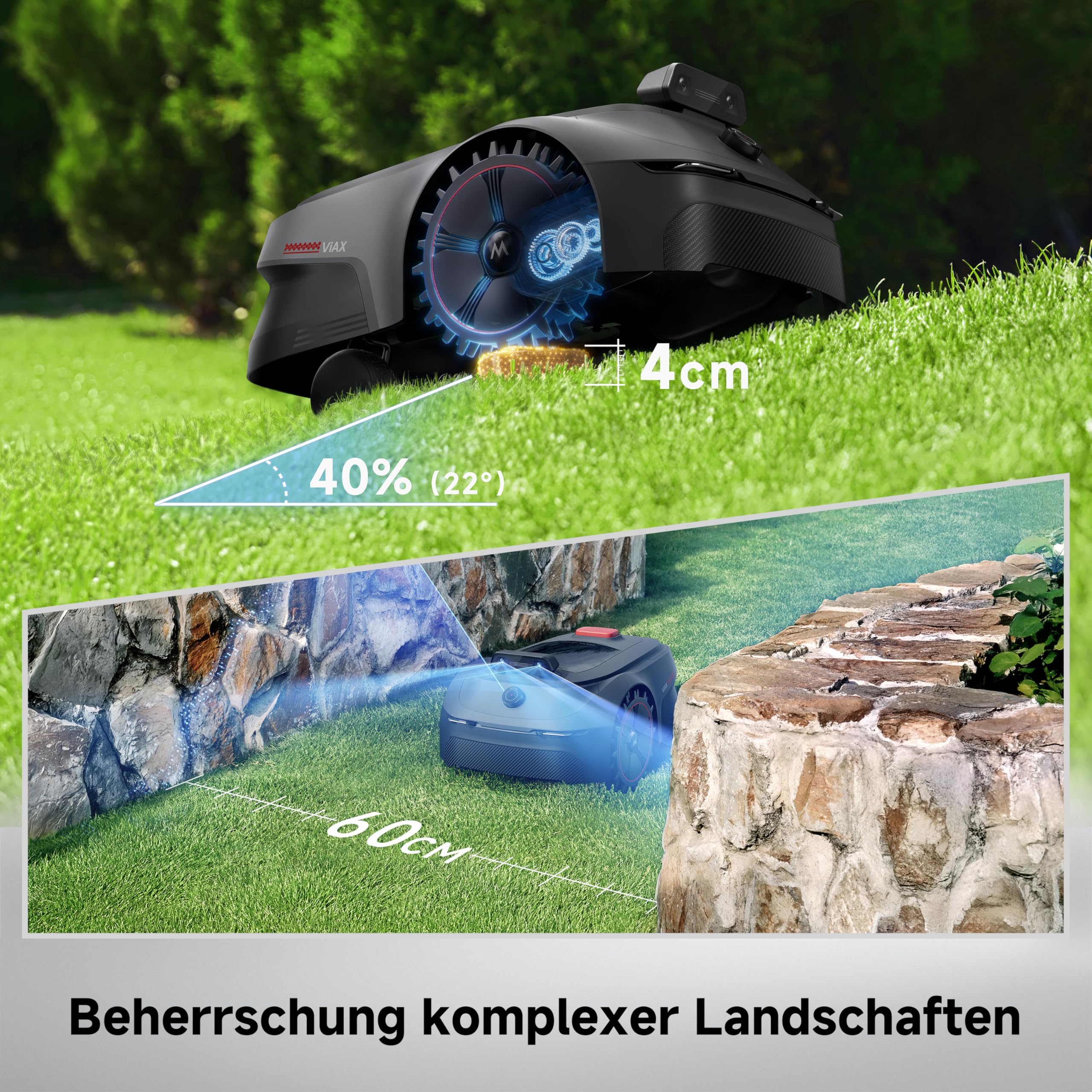 Mähroboter ViAX 500 ohne Begrenzungskabel mit 360°-LiDAR und Dual-KI-Vision, 20 cm Schnittbreite