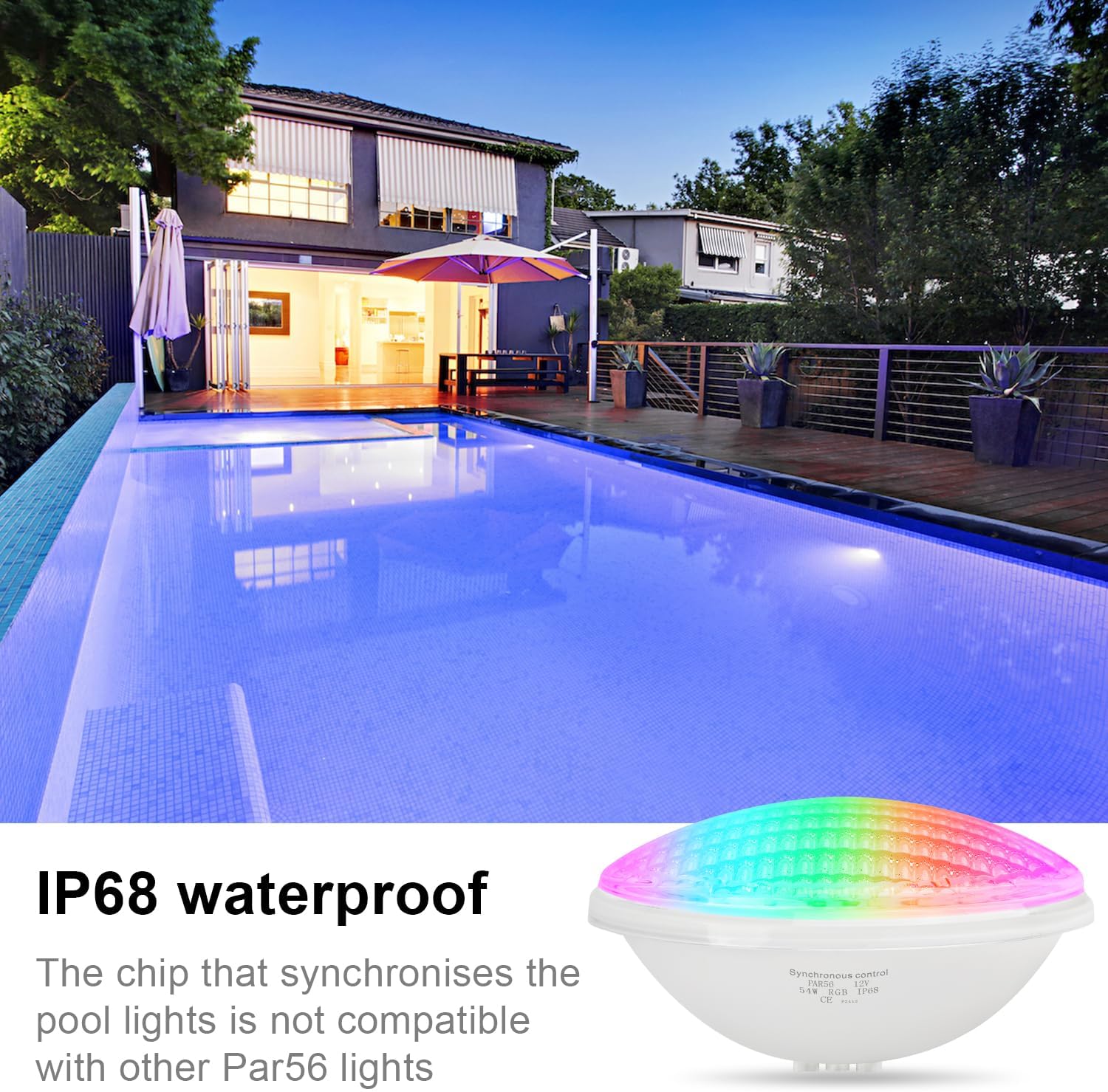 KWODE 54W LED Poolbeleuchtung PAR56, 12V RGB Timing 2/4/6H Schwimmbadbeleuchtung, Externe Synchronisation mit Fernbedienung, IP68 Wasserdichter Pool Lampe Licht mit Fernbedienung (2 Stück)