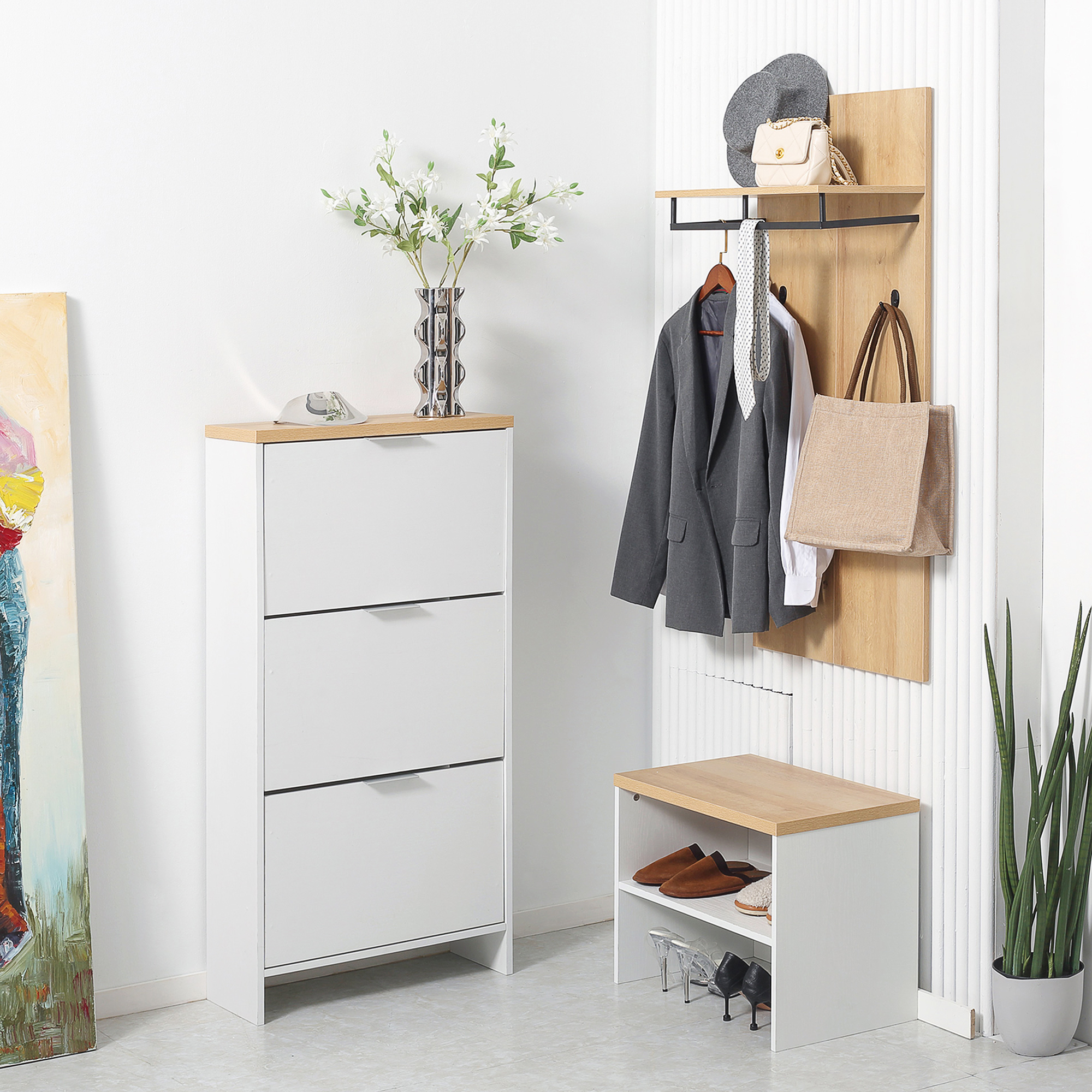 HOMCOM Schuhschrank mit 3 Kippfächern, 12 Paar Schuhe, verstellbare Einlegeböden, Natur + Weiß