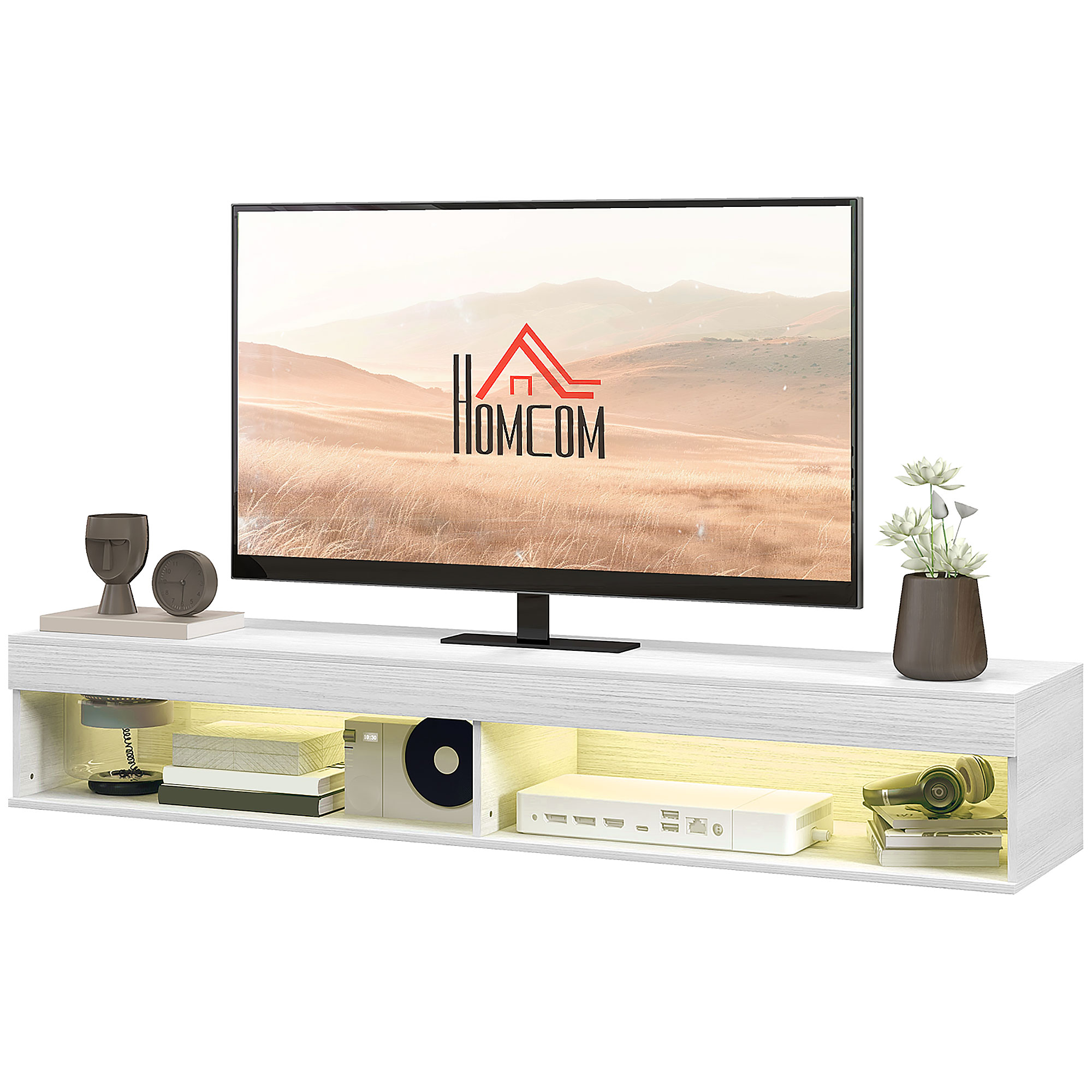 HOMCOM Schwebendes Wand-Meuble TV mit LED-Beleuchtung für Fernseher bis zu 75 Zoll, Regale, 180L x 40B x 30H cm, weiß