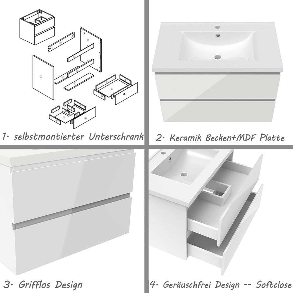 Badezimmermöbel 80cm Keramik Waschtisch mit Unterschrank Badmöbel Set Badezimmerschränke mit 2 Soft-Close Schubladen Hochglanz Weiß