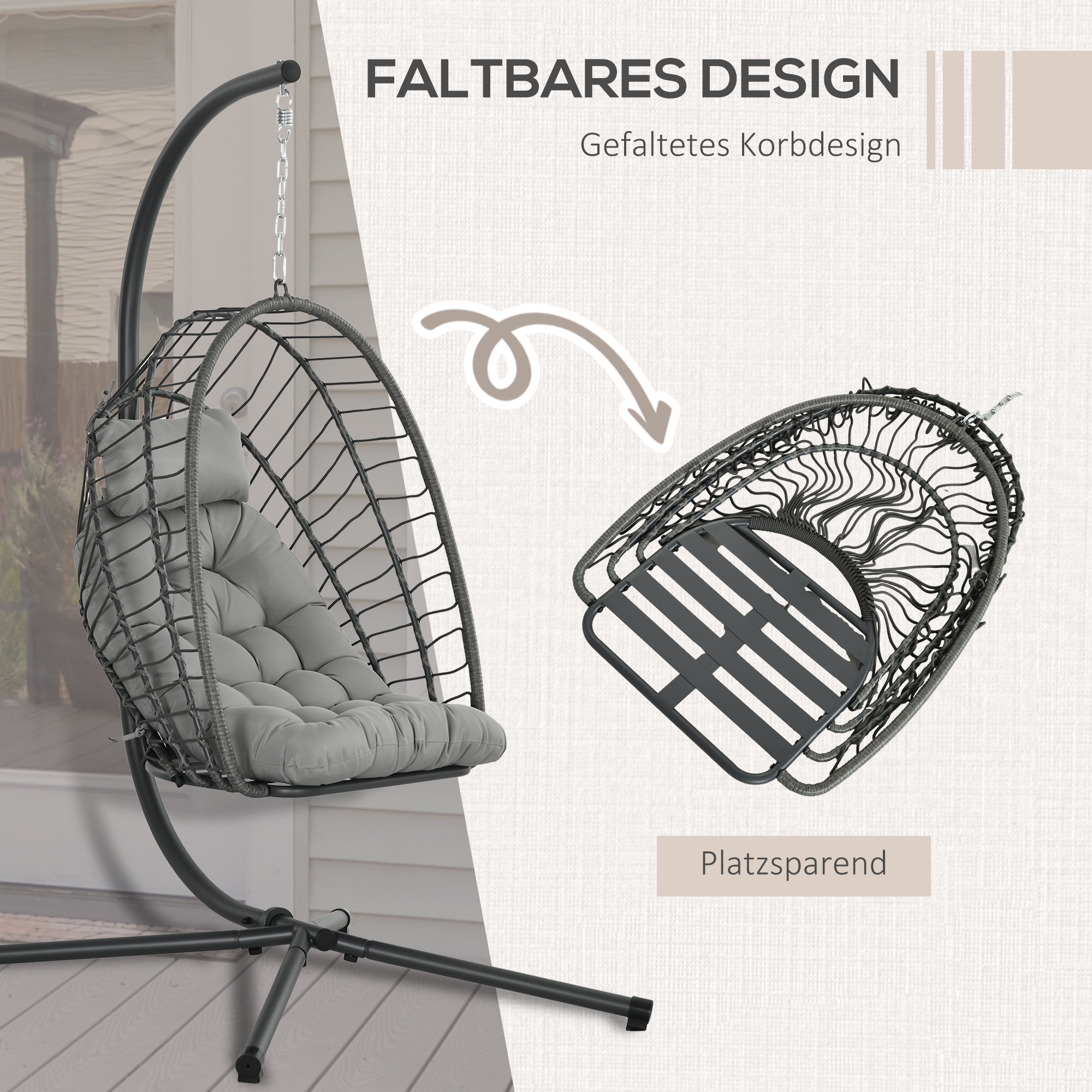 Outsunny Hangingstoel Rotan Loungestoel, weerbestendig, 1 kussen, 100 cm x 131 cm x 194 cm, Lichtgrijs