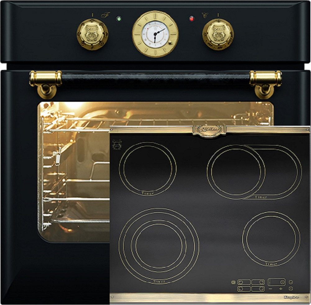 Backofen-Set Herd Set Autark Retro Einbau Backofen Elektro, 68 L mit Glaskeramik Kochfeld 60 cm Einbau Herd 4 QuickHeat-Kochzonen Hi-Light Schwarz EH 6432 BE +KCT 6185 Em,.,.