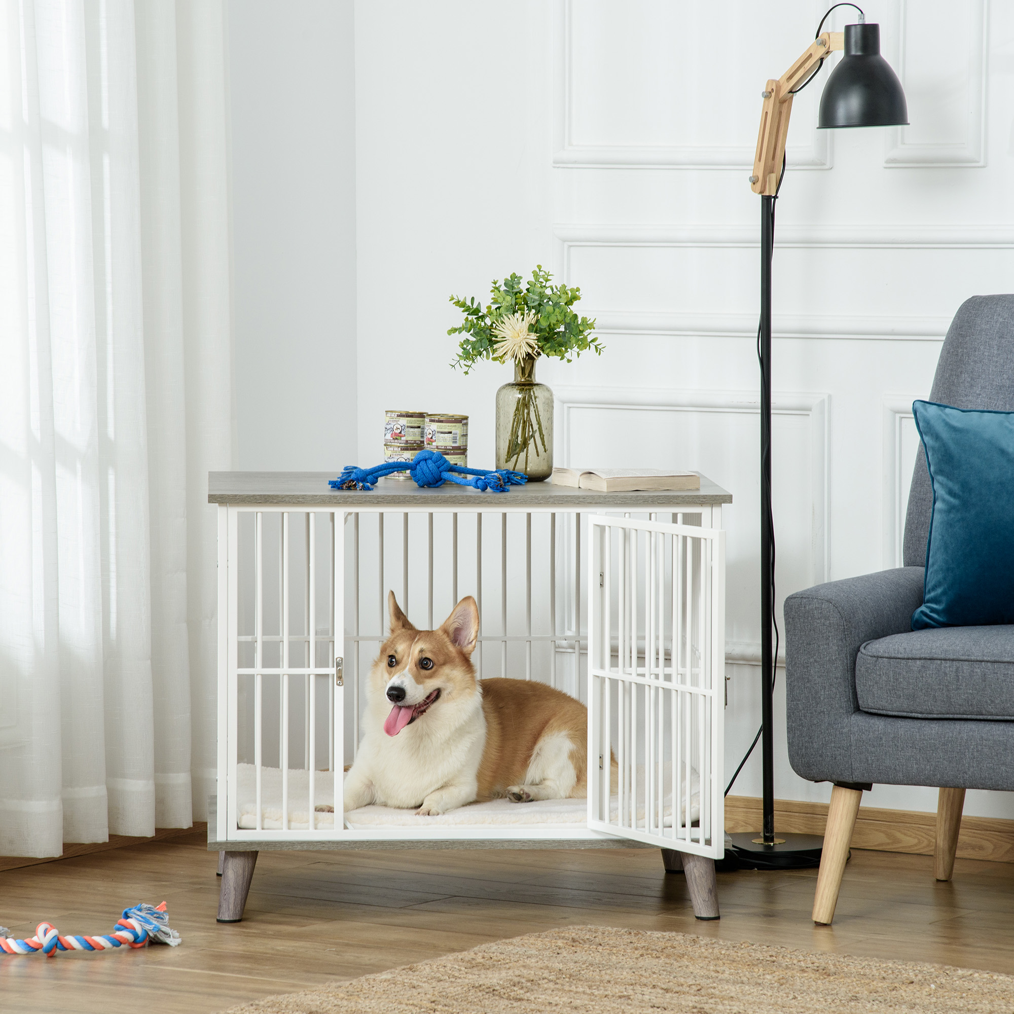PawHut Hundekäfig aus Holz, Hundebox, Transportbox, mit Kissen, 86 cm x 60 cm x 70 cm Holzwerkstoff Stahl Weiß + Grau