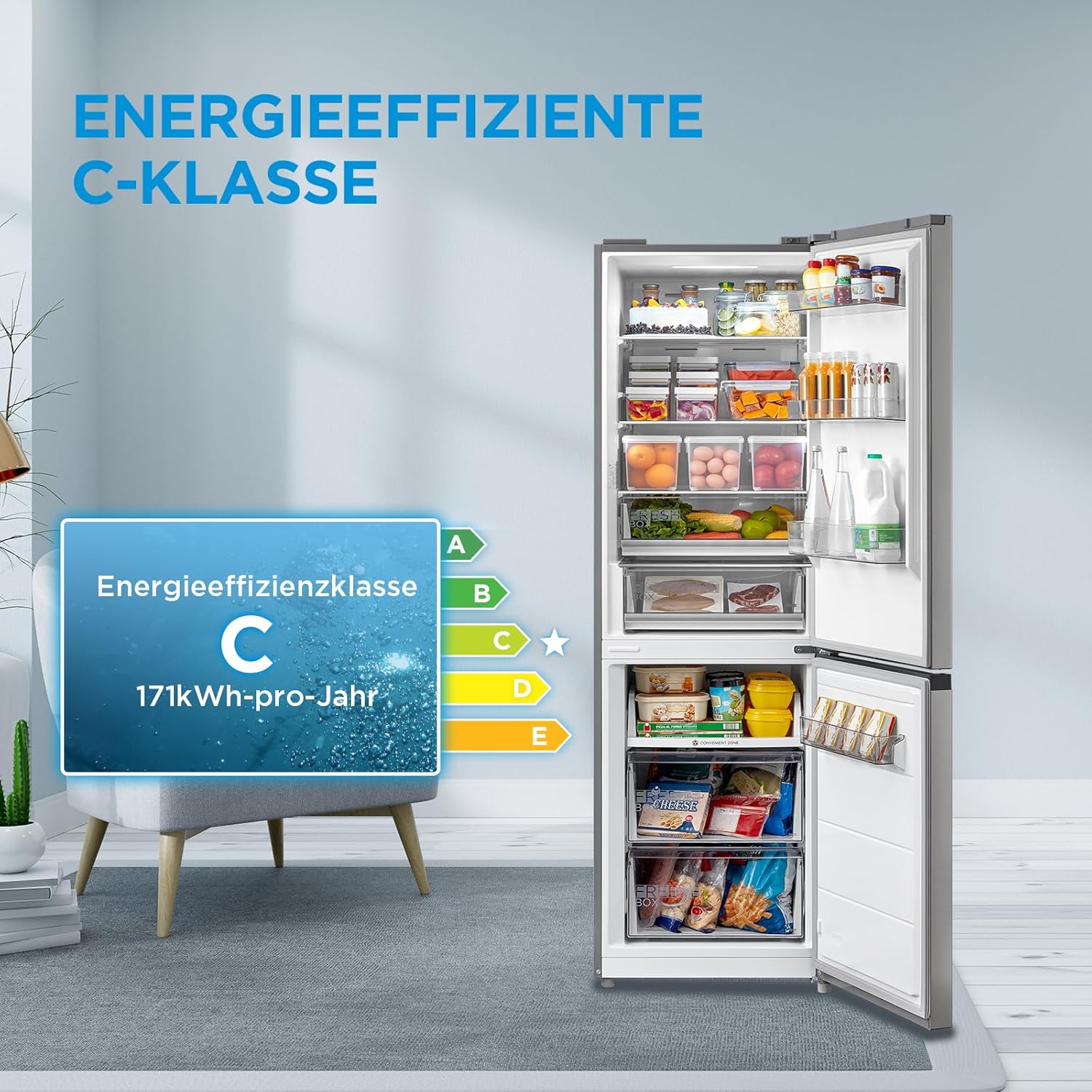 Midea MERB276FGE02A Fridge/Freezer Combination, 180 cm Height, NoFrost, Double Control, Super Cooling Function, 219 kWh per Year, Fridge Capacity 199 L, 71 L Freezer Capacity