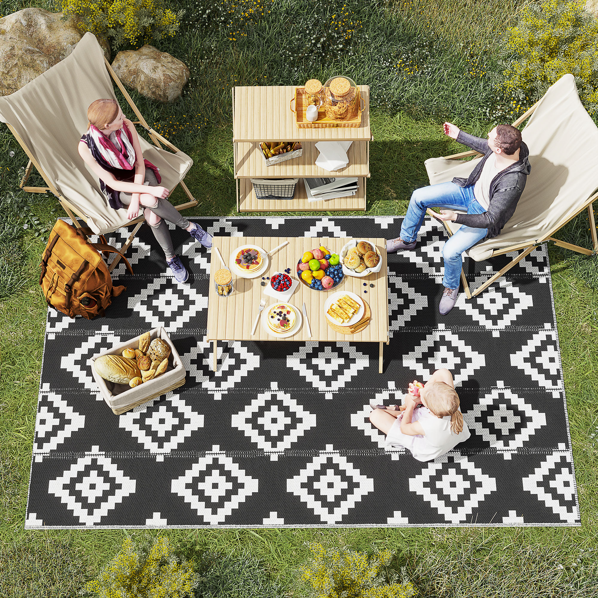 Outsunny Grafischer Outdoor-Teppich - Doppelseitig verwendbar 2 Muster - Maße 2,74L x 1,82B m - Hochdichtes PP 310 g/m² Schwarz Weiß