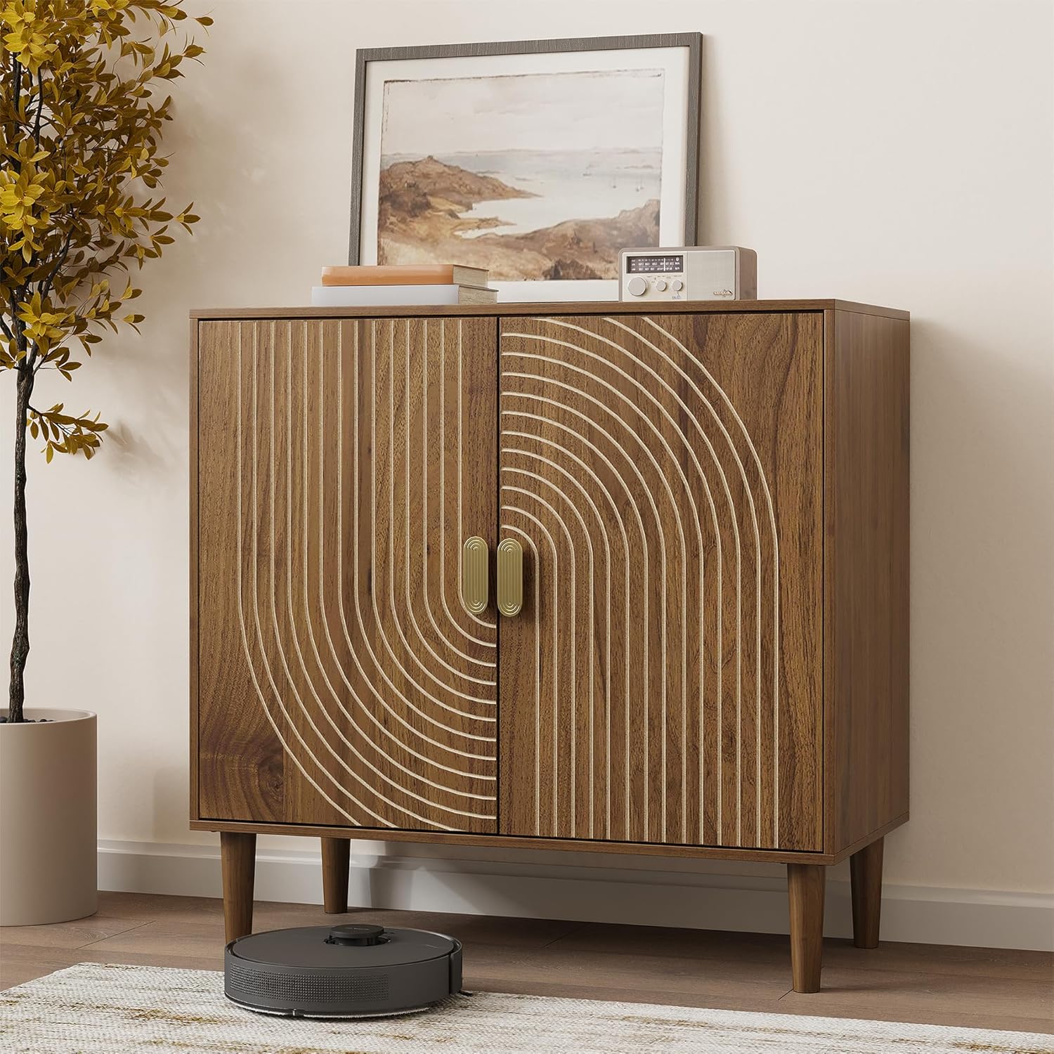 Walnut sideboard. freestanding dining cabinet with cable channel design. wooden storage cabinet with adjustable shelves
