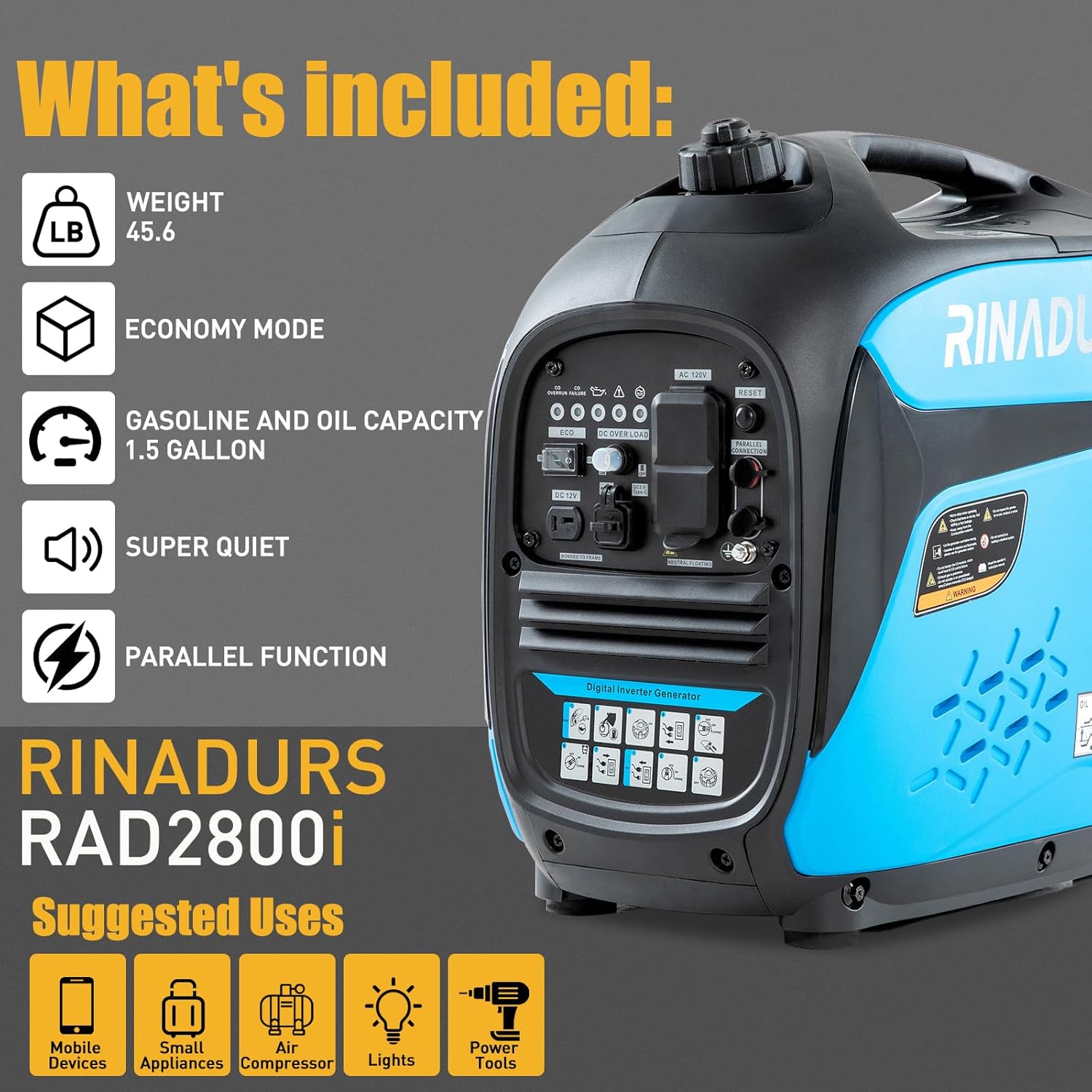 2800 Watt inverter generator  quiet and portable  suitable for home backup power  outdoor camping  and construction sites.EPA Compliant