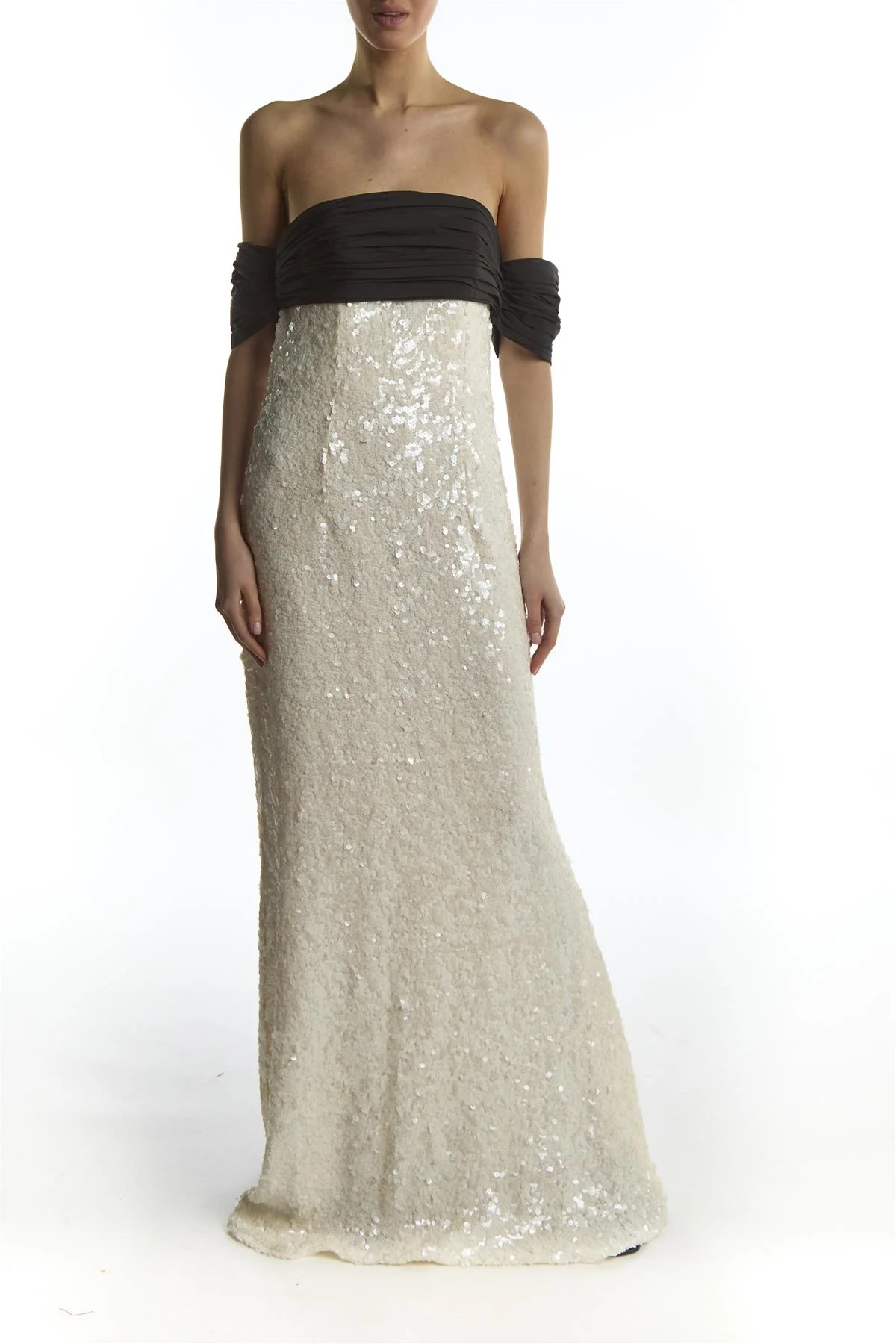 Paloma White Sequin Maxi-Dress With Black Bardot Bow Detail