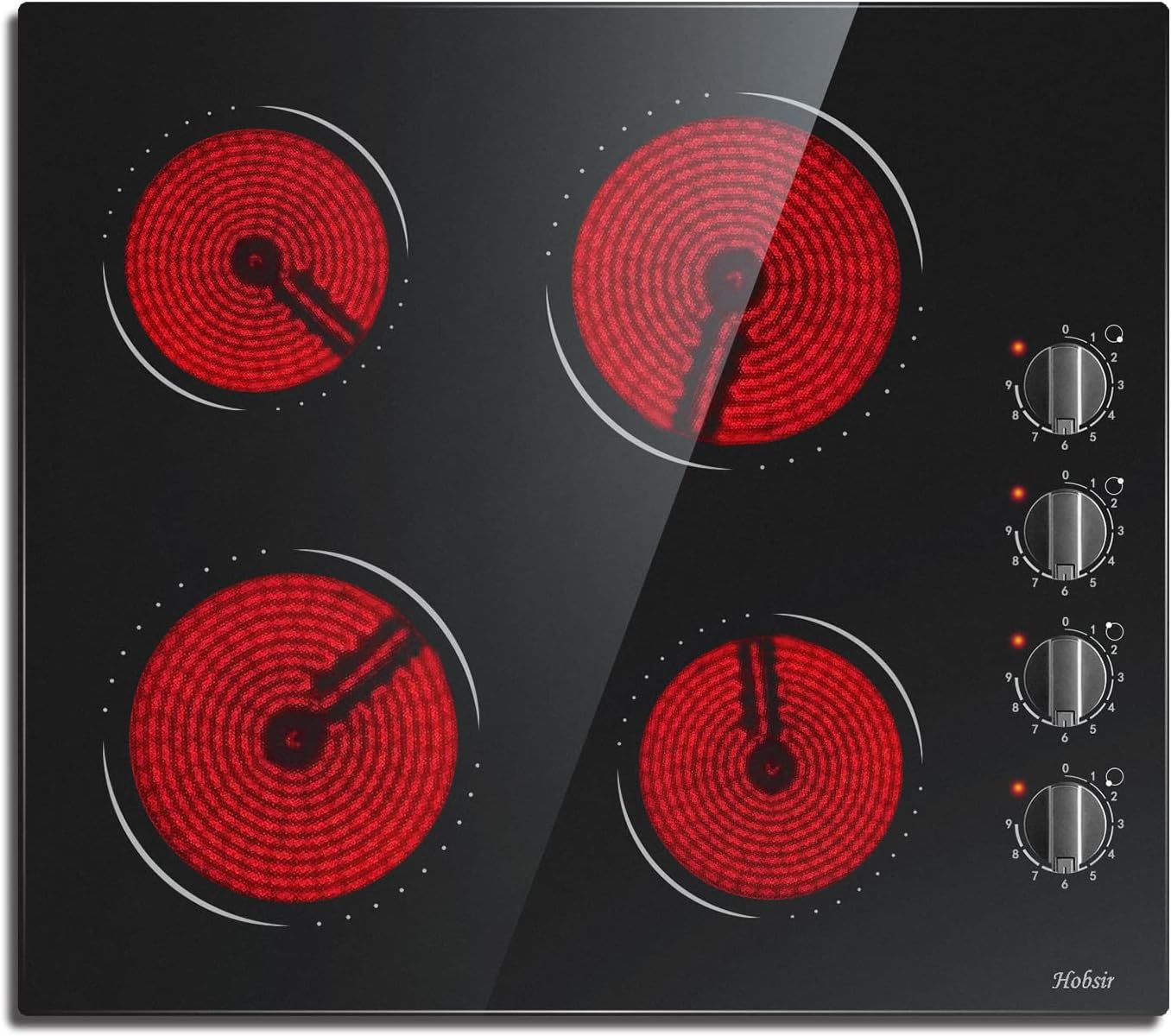 Glaskeramikkochfeld 4 Zonen Kochfelder Sensor-touch Control Kochfeld Autark 60cm, 6000W, 9 Leistungsstufe, verkabelt, kein Stecker