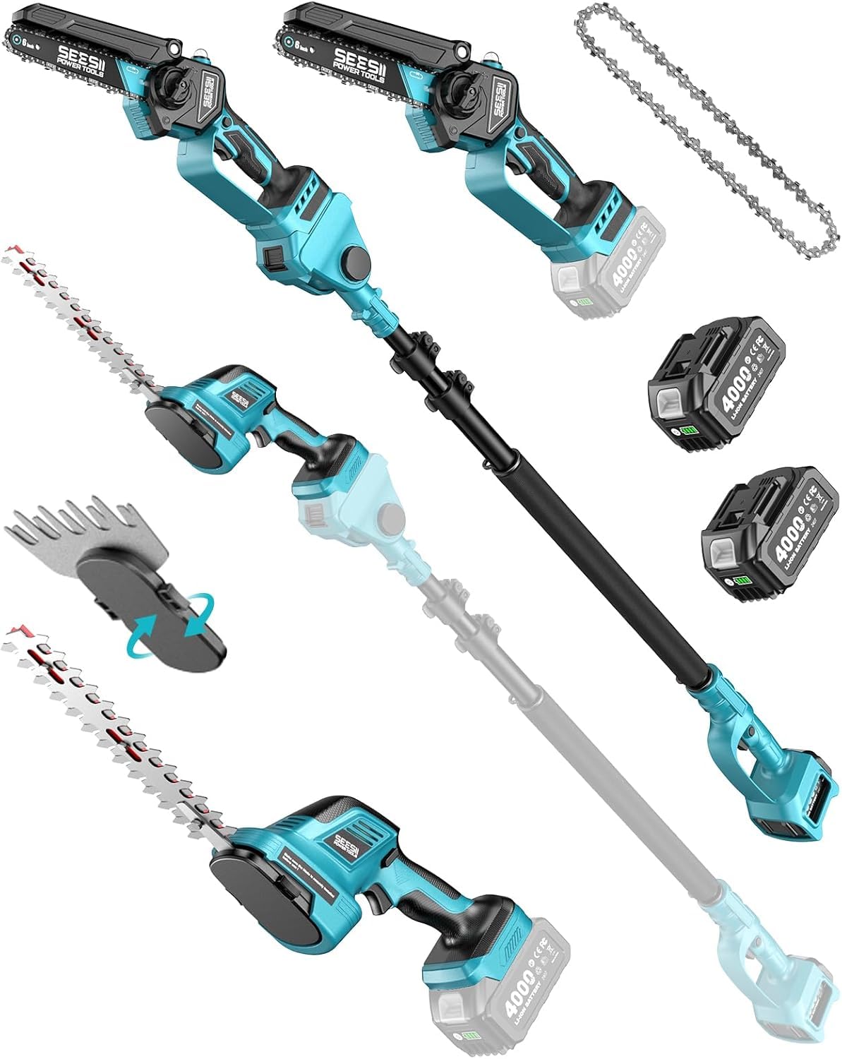 SEESII 6 in 1 Teleskop Hochentaster Akku Set für Gartenpflege und Holzfällen kabellos ausziehbar elektrisch