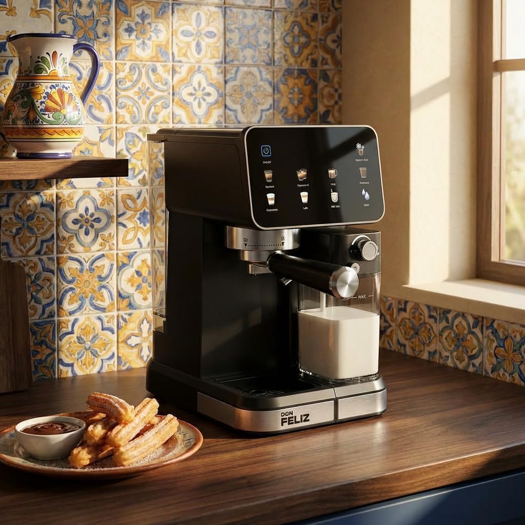 Don Feliz Macchina da caffè espresso semiautomatica, 20 bar, 1350 W, con display LCD, serbatoio del latte da 500 ml, serbatoio dell'acqua da 1,5 l, compatibile con Nespresso, Cappuccino, Americano
