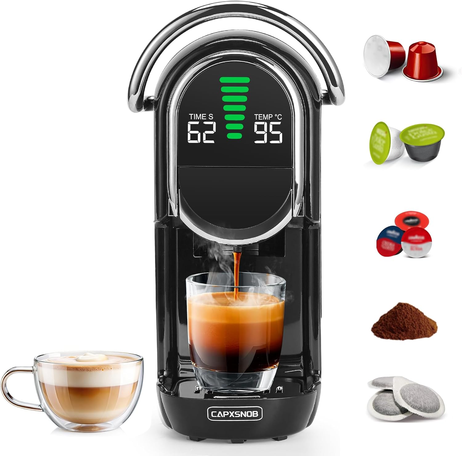 Magician1 Mini Macchina da Caffè Cialde 5in1 per Nespresso Originali, Dolce Gusto, Lavazza A Modo Mio, ESE 44 Cialde e Caffè Macinato, 20 Bar, 1450W, Display LED, Acqua Regolabili 7 Livelli