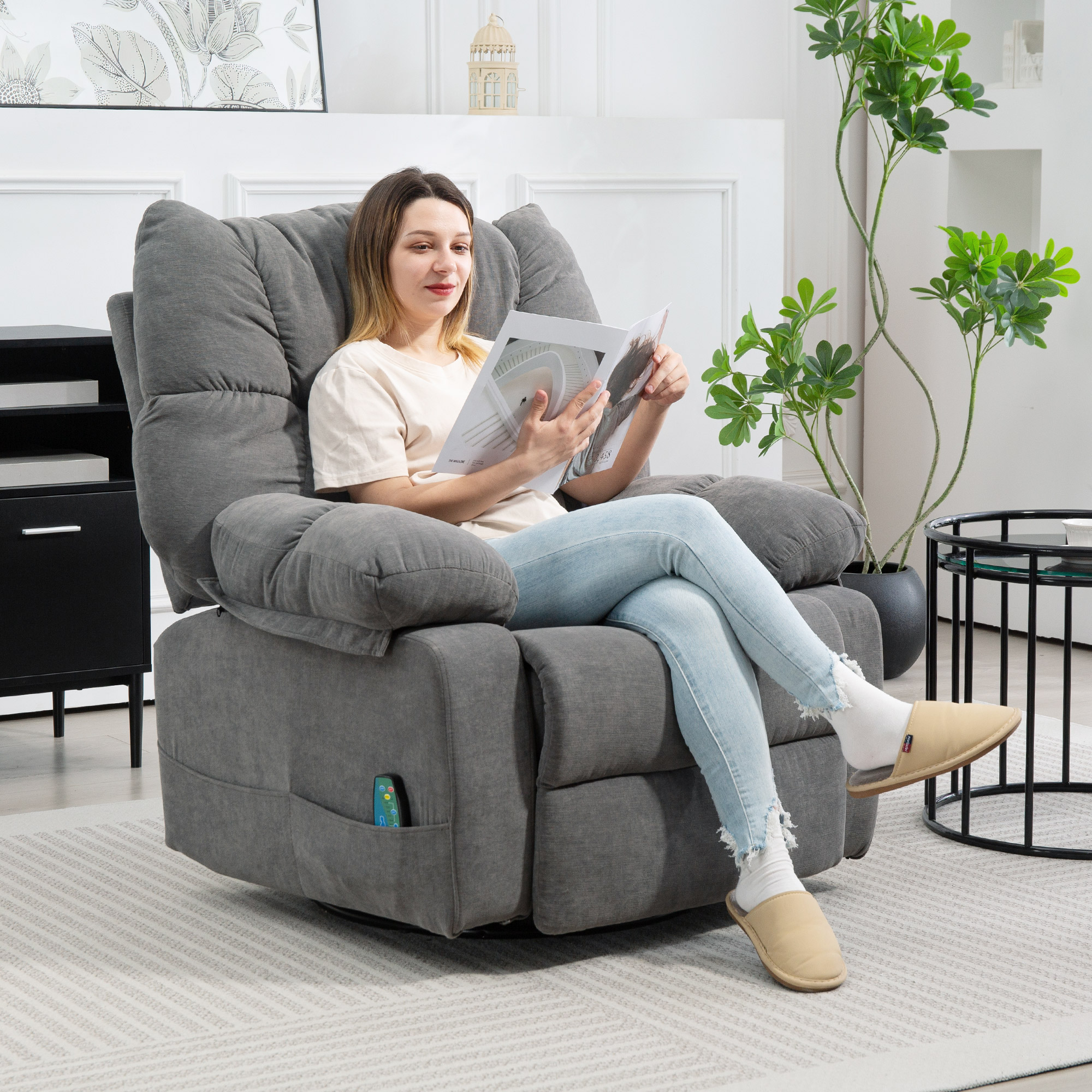 HOMCOM Relaxsessel mit Massagefunktion, Liegefunktion, Drehbarer Massagesessel, 4 Seitentaschen und Fernbedienung, Dunkelgrau