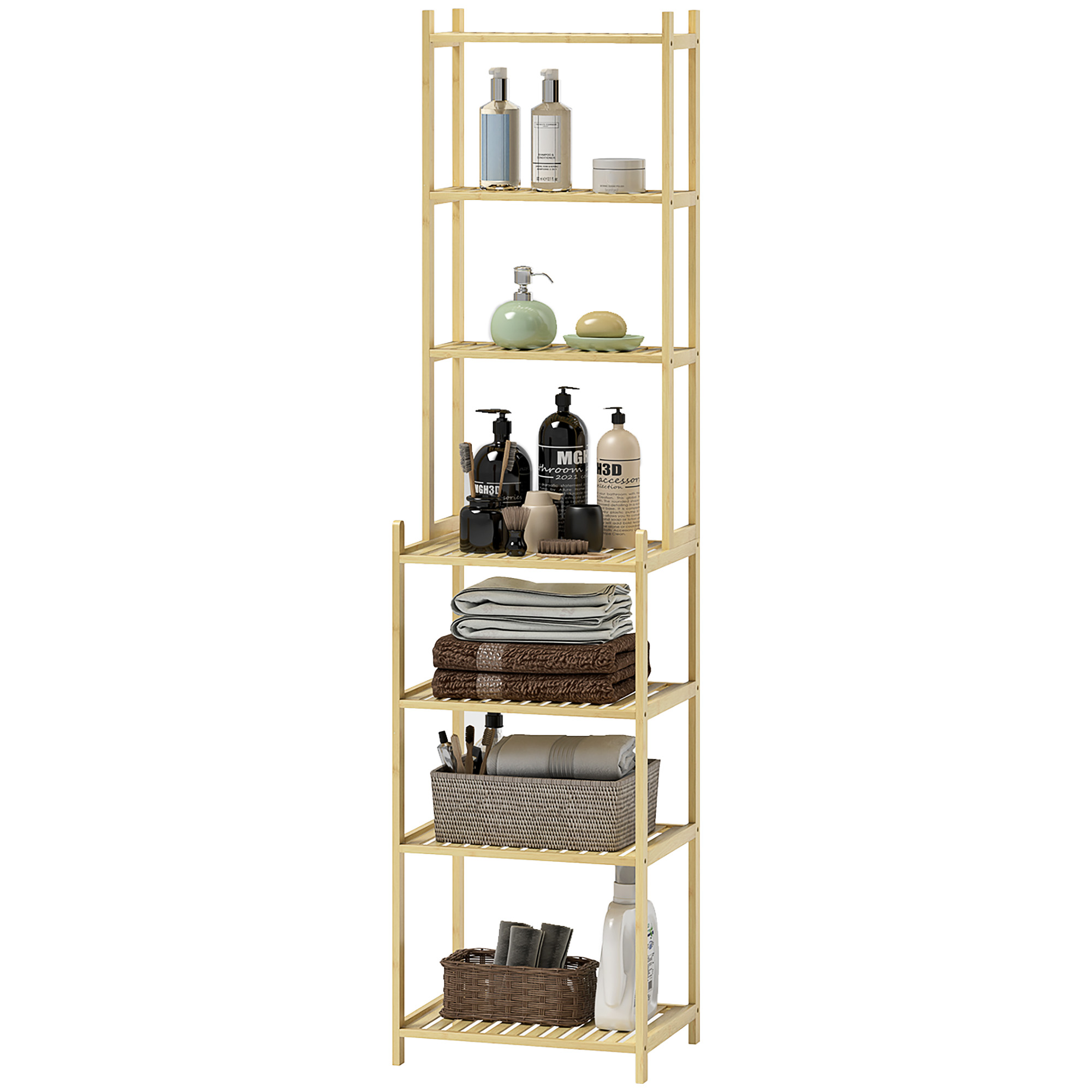 HOMCOM Badezimmerregal mit 7 Ebenen, Badregal aus Bambus, wasserfest, robust, 180 cm