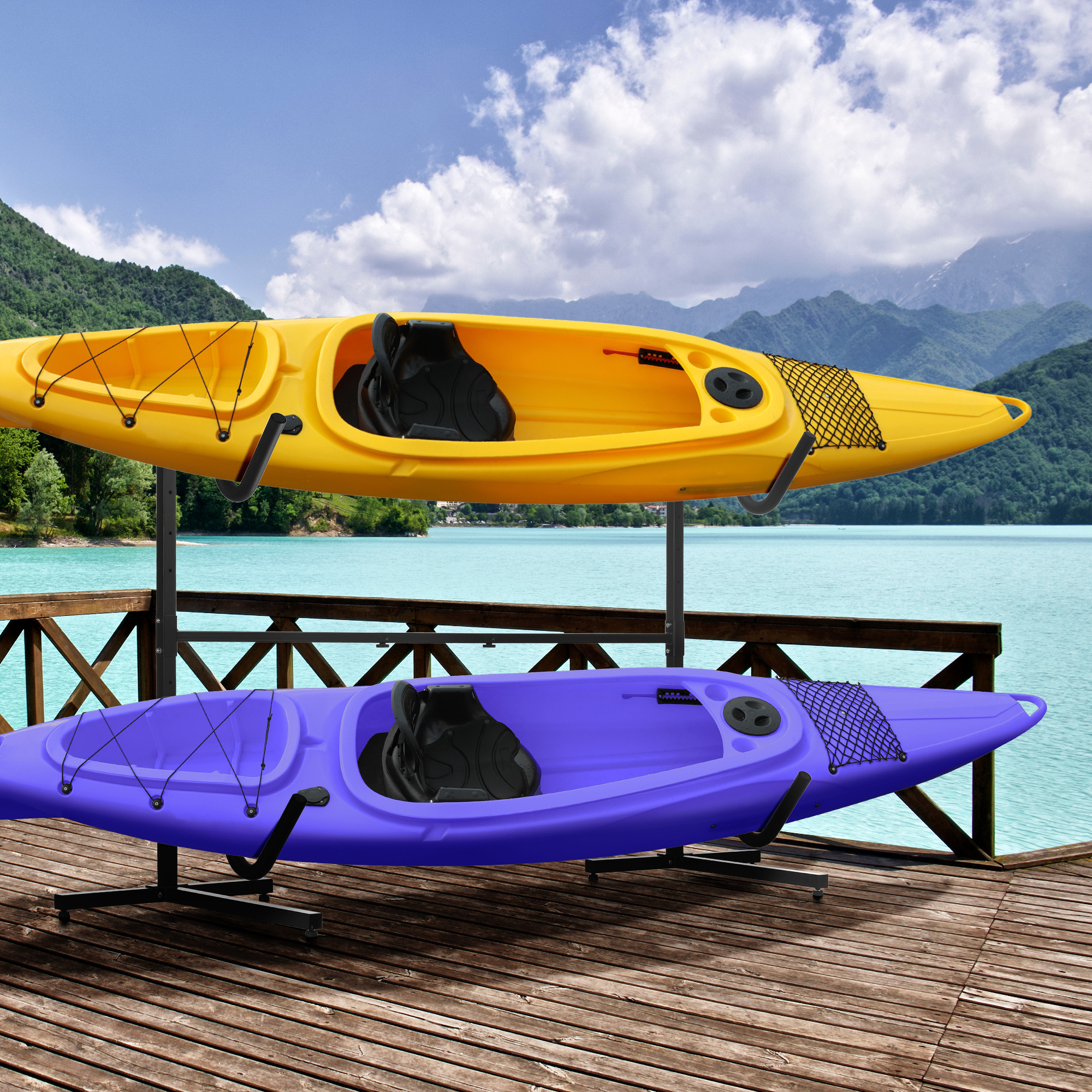 SPORTNOW Halterung für 2 Kajaks, Surfboards, Stand-Up-Paddles, Metallrahmen, breitenverstellbar 144-180 cm