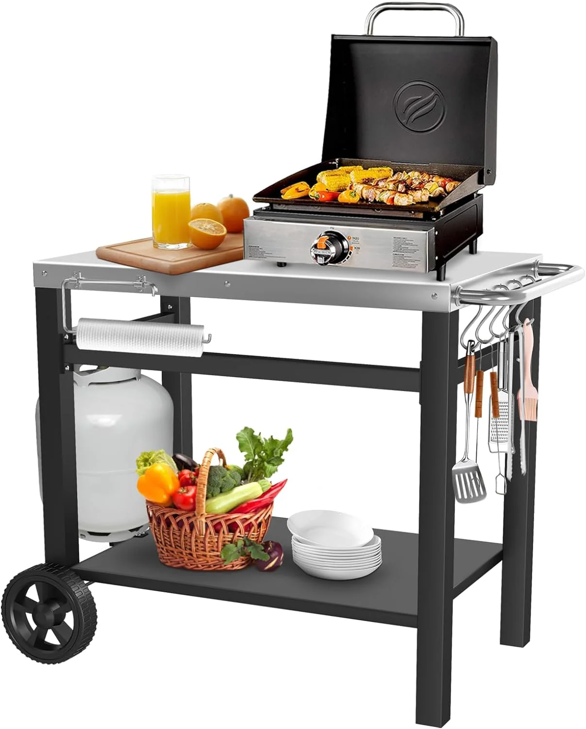 Outdoor Grill Cart with Three Shelf Food Prep Table and Drawer